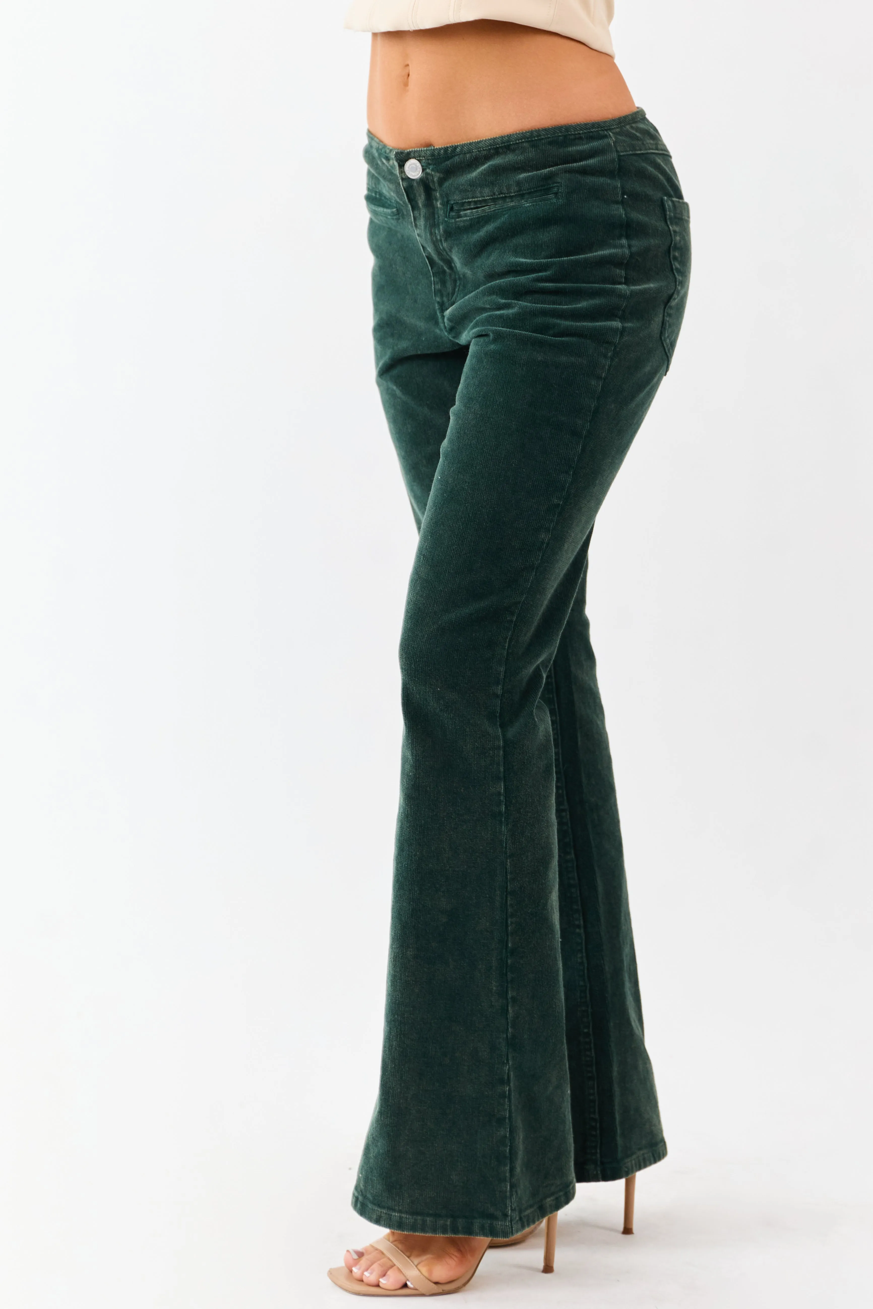 Forest Green Washed Corduroy Mid Rise Flare Pants sold by Lime Lush product image thumbnail 4