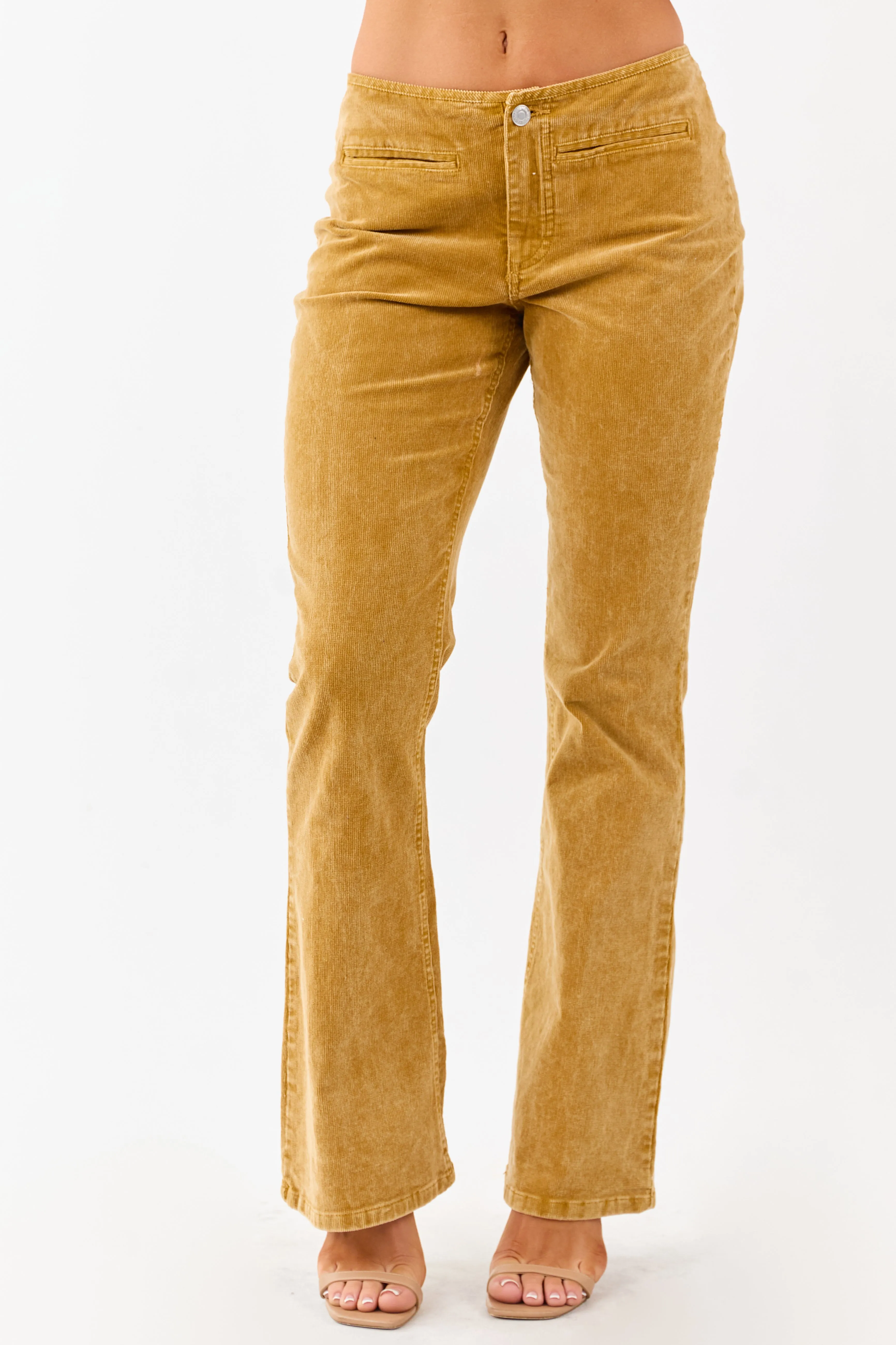 Mustard Washed Corduroy Mid Rise Flare Pants sold by Lime Lush