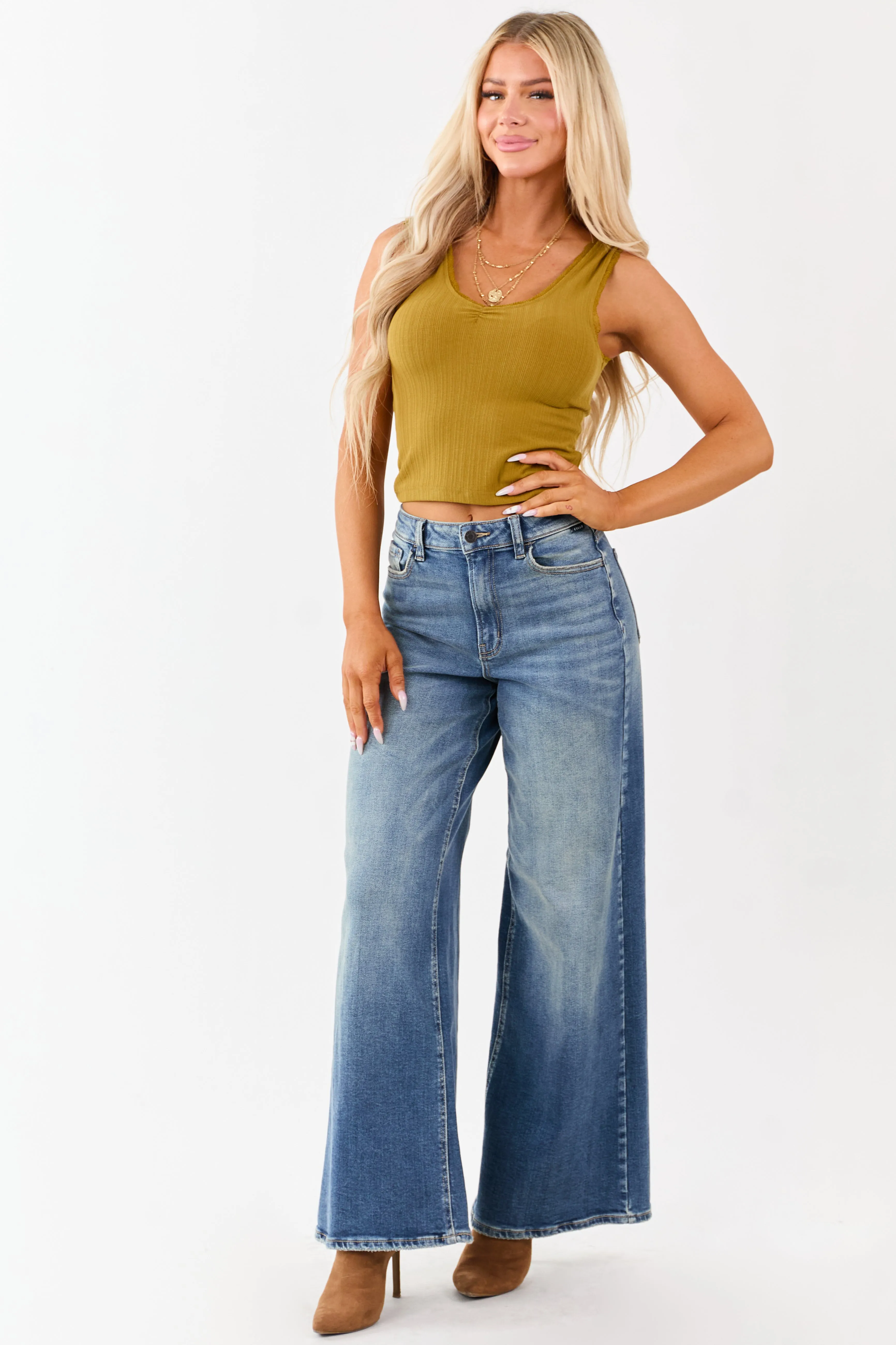 Dark Mustard Lace Trim Cropped Rib Knit Tank Top sold by Lime Lush product image thumbnail 4