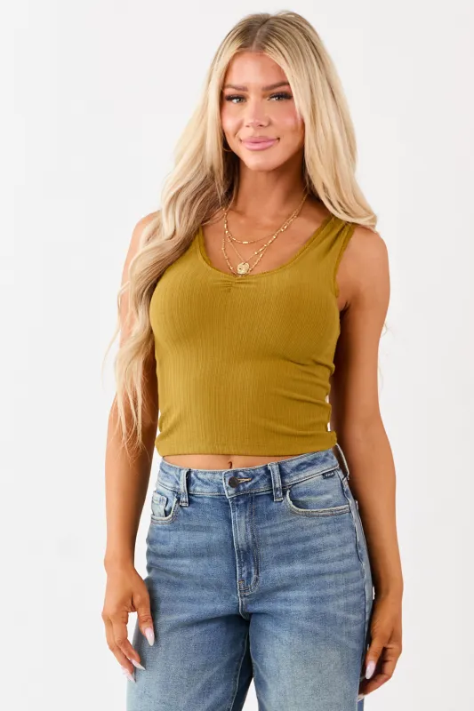 Dark Mustard Lace Trim Cropped Rib Knit Tank Top sold by Lime Lush