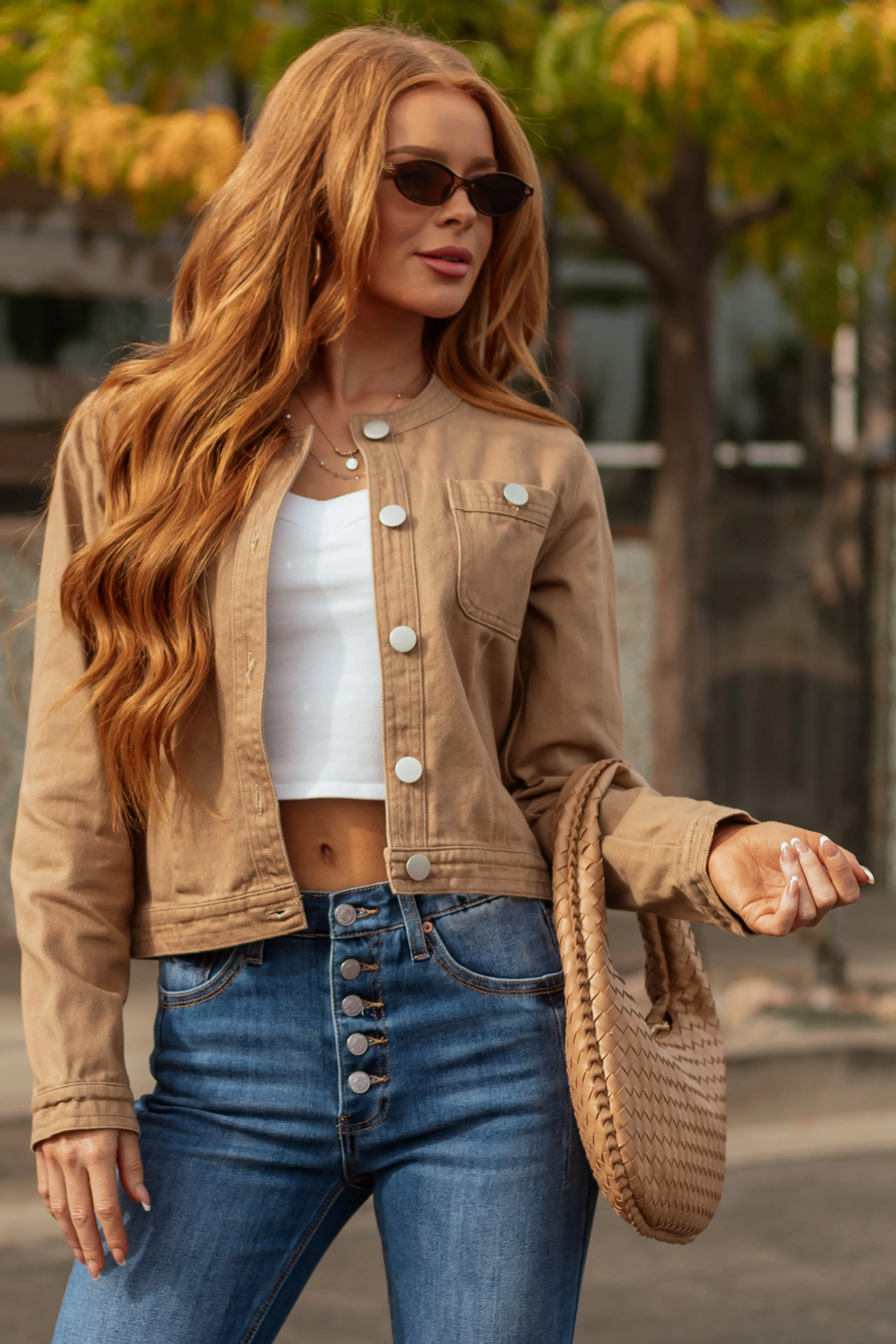 Peanut Twill Denim Button Down Jacket sold by Lime Lush