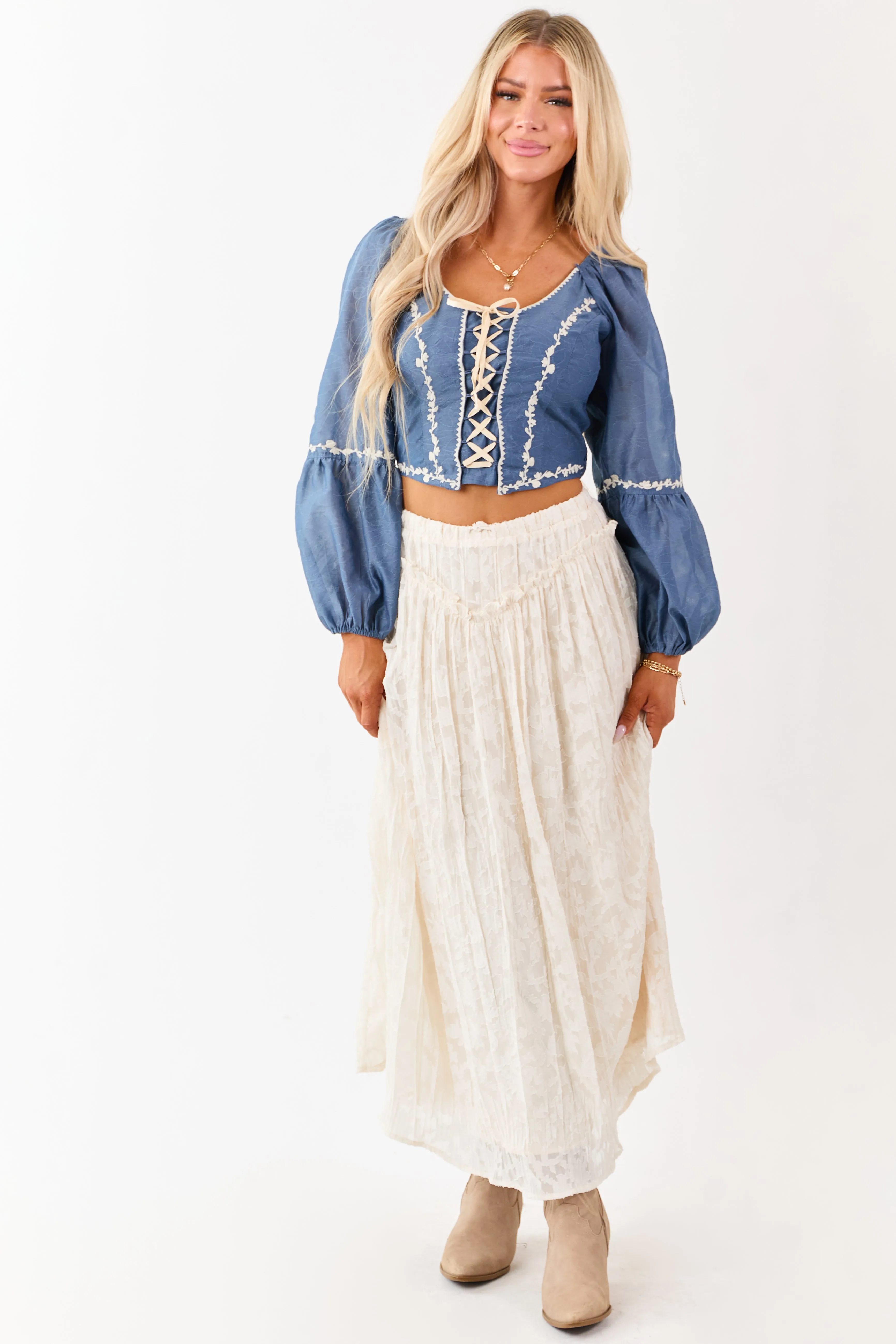 Listicle Steel Blue Embroidered Lace Up Top sold by Lime Lush product image thumbnail 3
