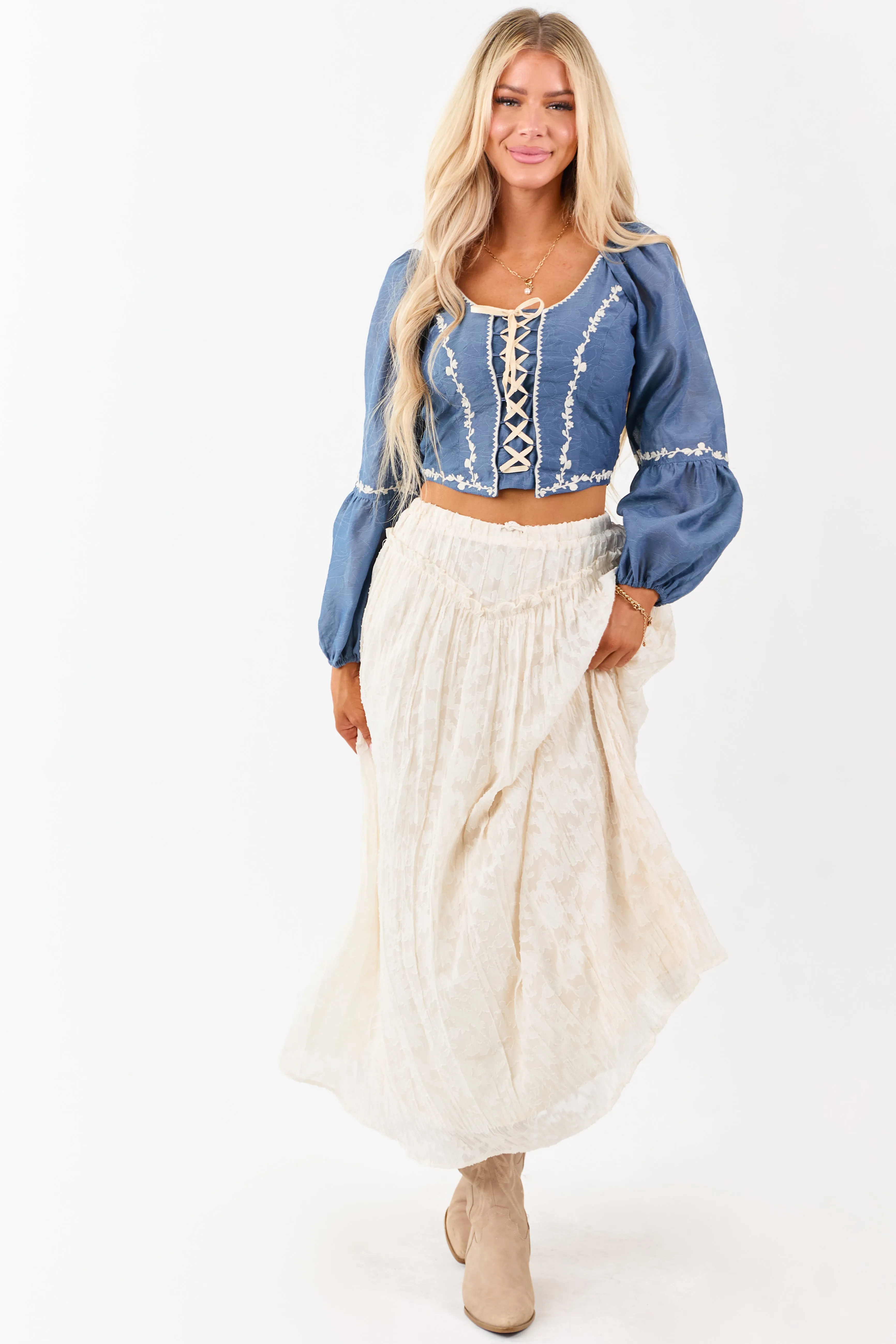 Listicle Steel Blue Embroidered Lace Up Top sold by Lime Lush product image thumbnail 2