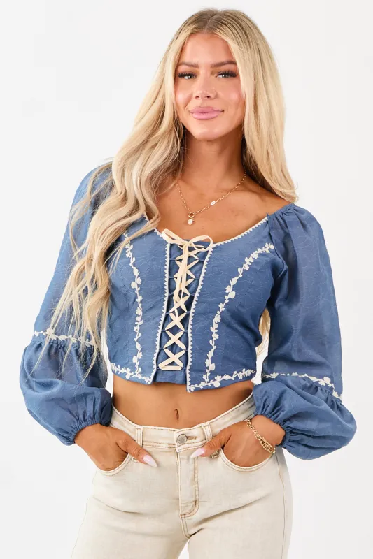 Listicle Steel Blue Embroidered Lace Up Top sold by Lime Lush