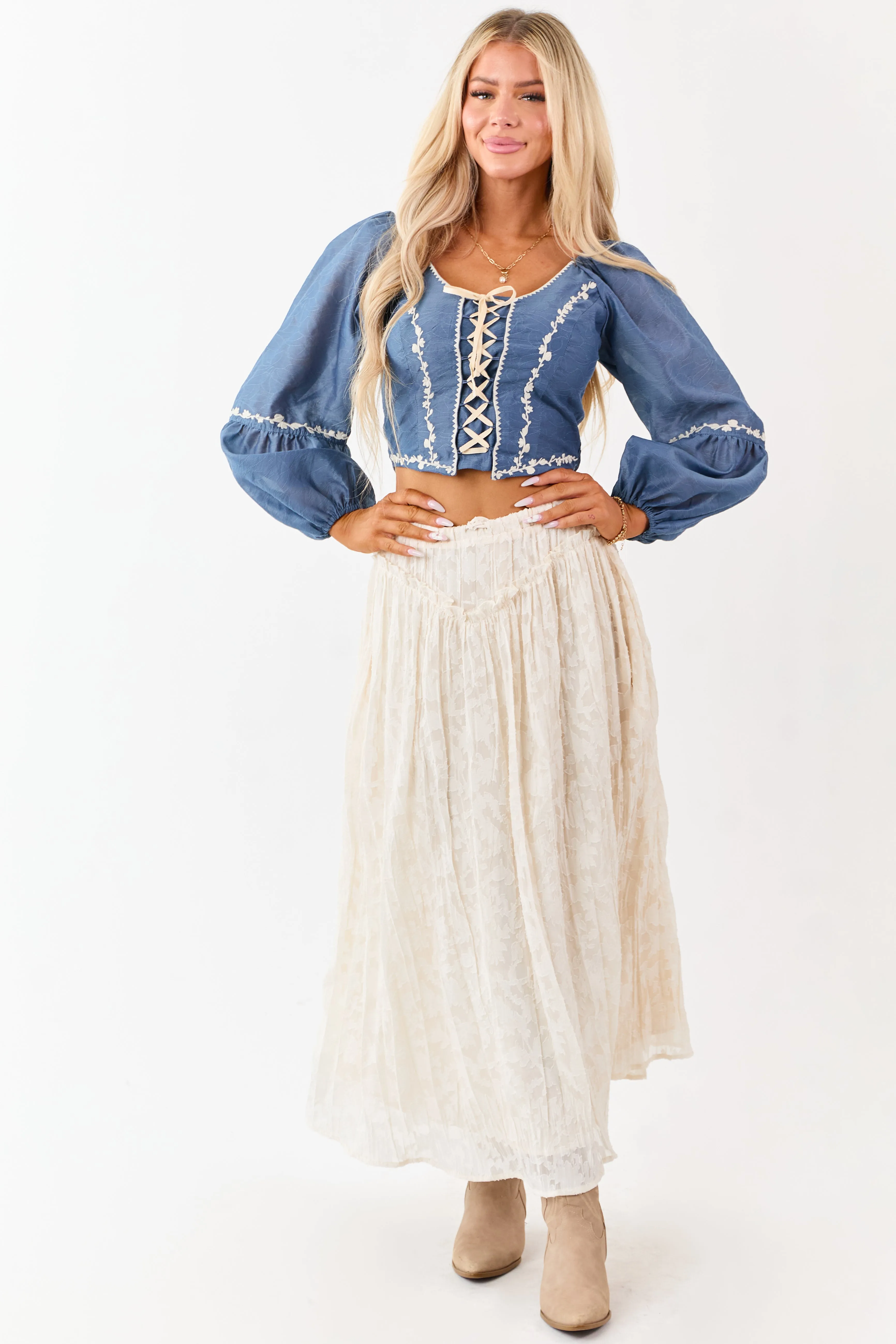 Listicle Steel Blue Embroidered Lace Up Top sold by Lime Lush product image thumbnail 4