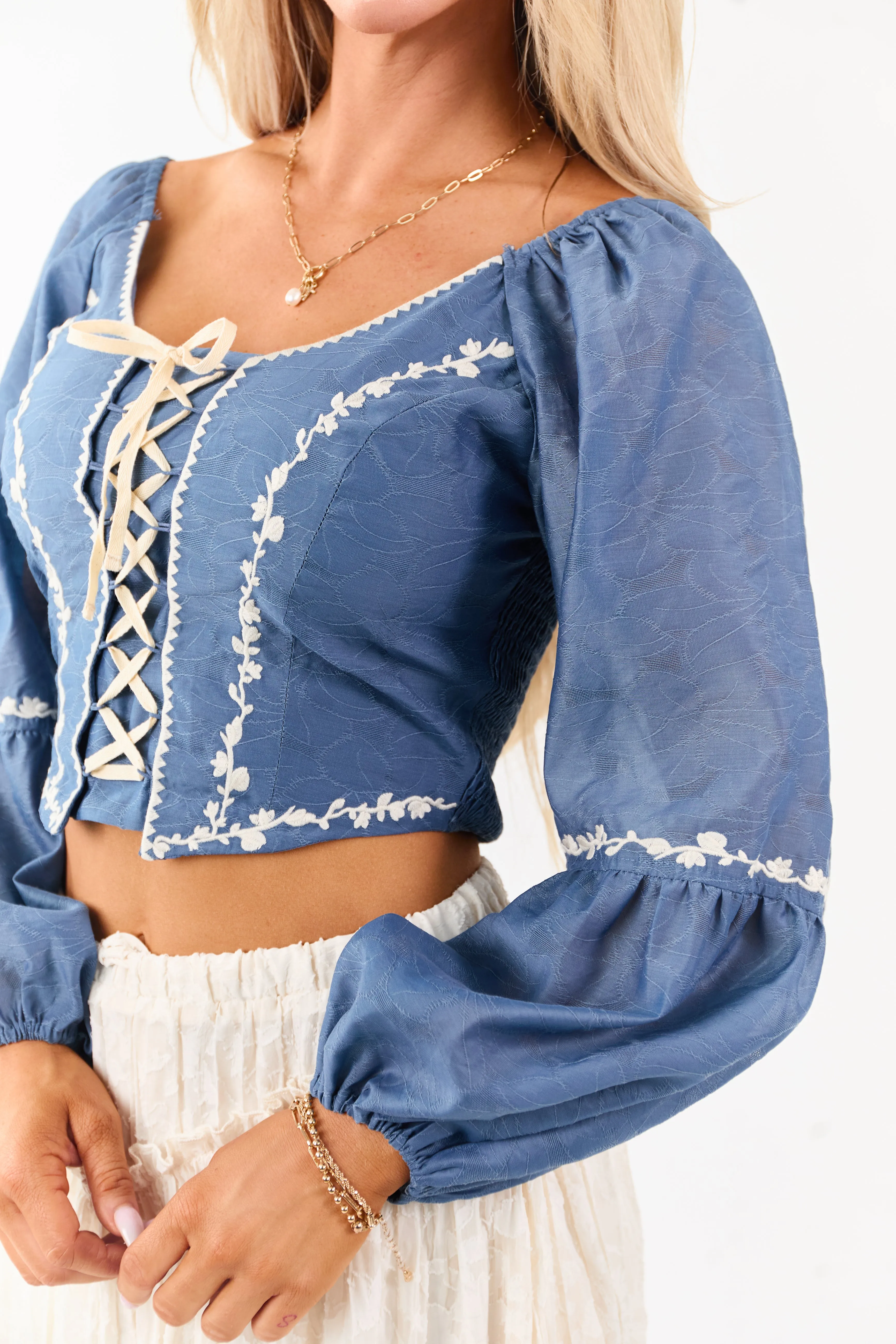 Listicle Steel Blue Embroidered Lace Up Top sold by Lime Lush product image thumbnail 5