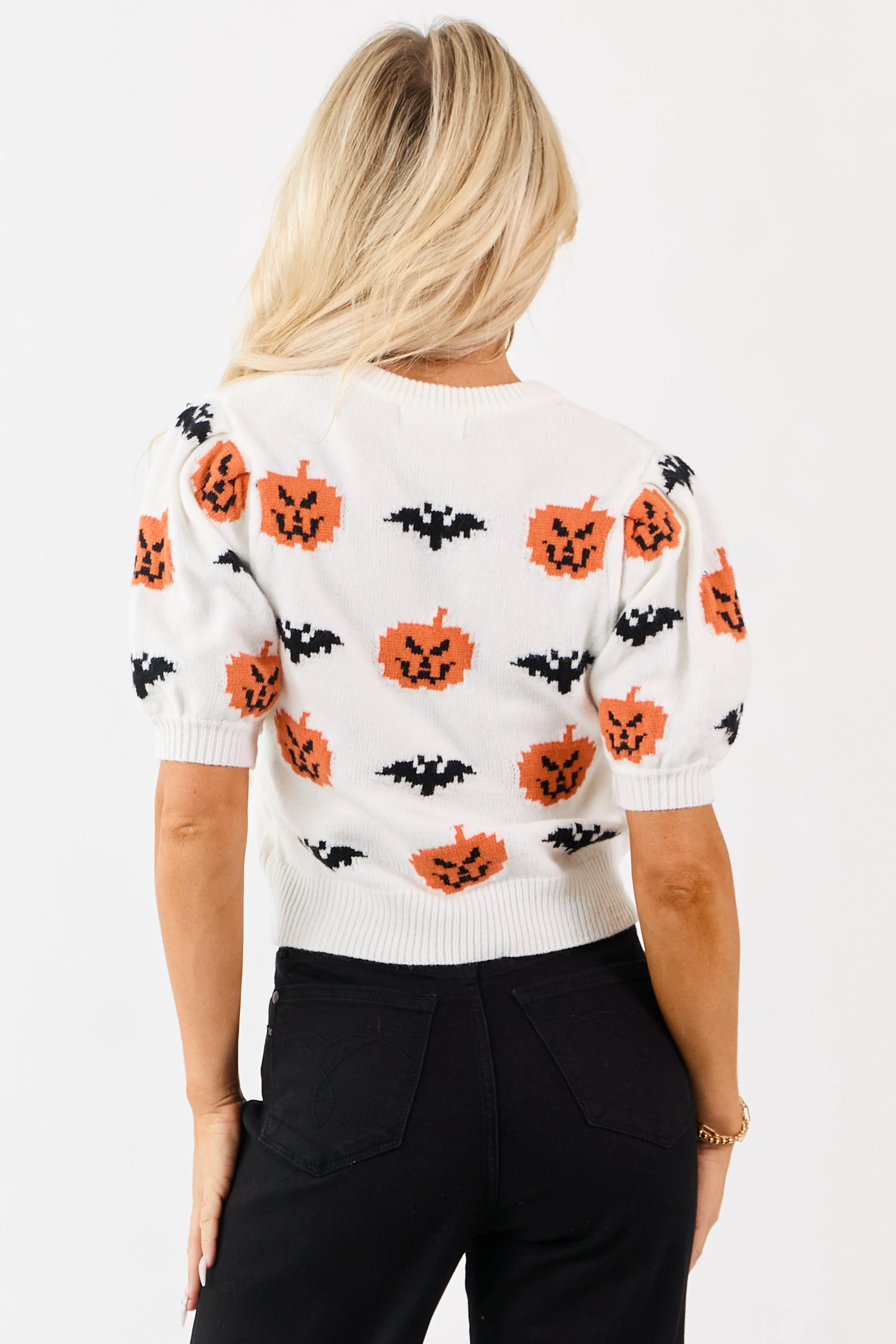 White Pumpkin and Bat Graphic Short Sleeve Sweater sold by Lime Lush product image thumbnail 5