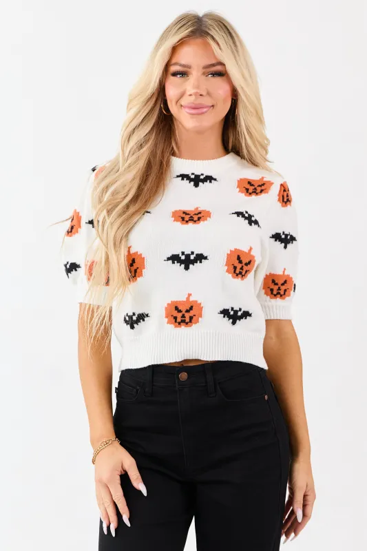 White Pumpkin and Bat Graphic Short Sleeve Sweater sold by Lime Lush