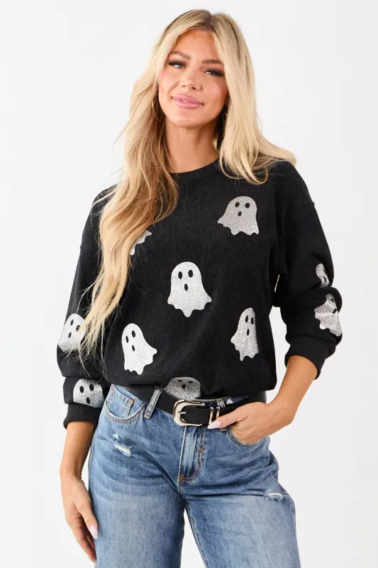 Black Sparkly Ghost Graphic Rib Knit Sweatshirt sold by Lime Lush