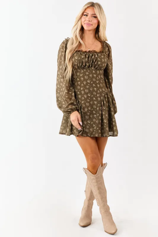 Army Green Floral Lace Trim Square Neck Mini Dress sold by Lime Lush