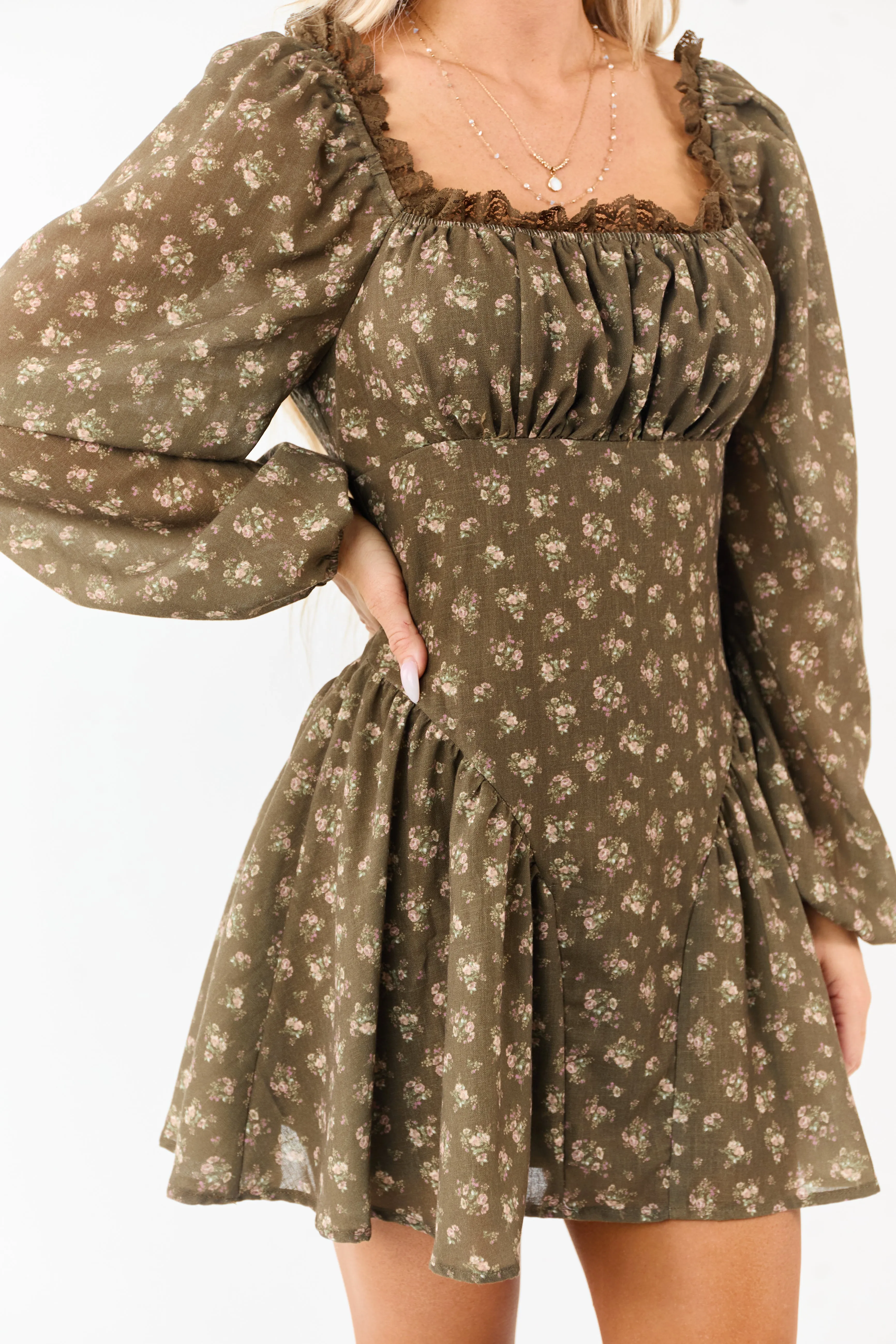 Army Green Floral Lace Trim Square Neck Mini Dress sold by Lime Lush product image thumbnail 2