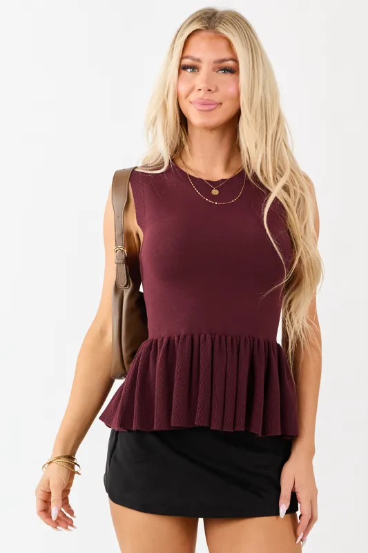 Flying Tomato Mahogany Peplum Ruffle Knit Tank Top sold by Lime Lush