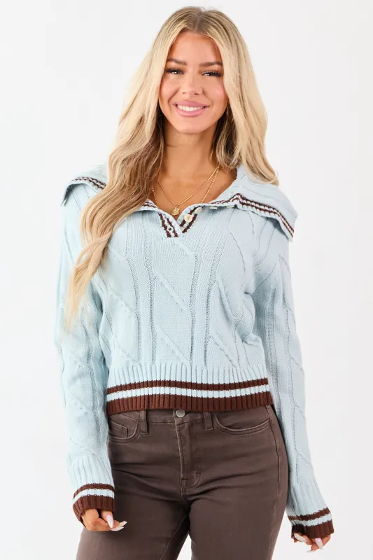 Arctic Blue Collared Striped Trim Cable Knit Sweater sold by Lime Lush