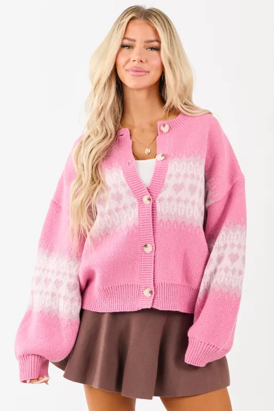 Bubblegum Fair Isle Heart Print Button Down Cardigan sold by Lime Lush
