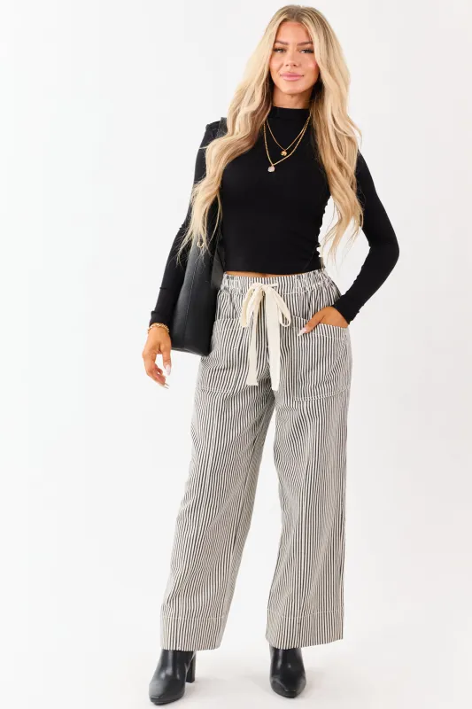Black and Coconut Striped Drawstring Wide Leg Pants sold by Lime Lush