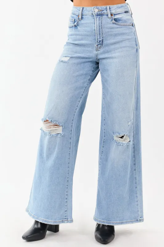 Cello Light High Rise Distressed Stretchy Wide Jeans sold by Lime Lush
