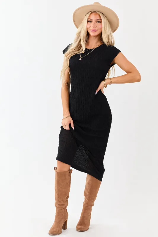 Black Wavy Textured Mesh Cap Sleeve Midi Dress sold by Lime Lush