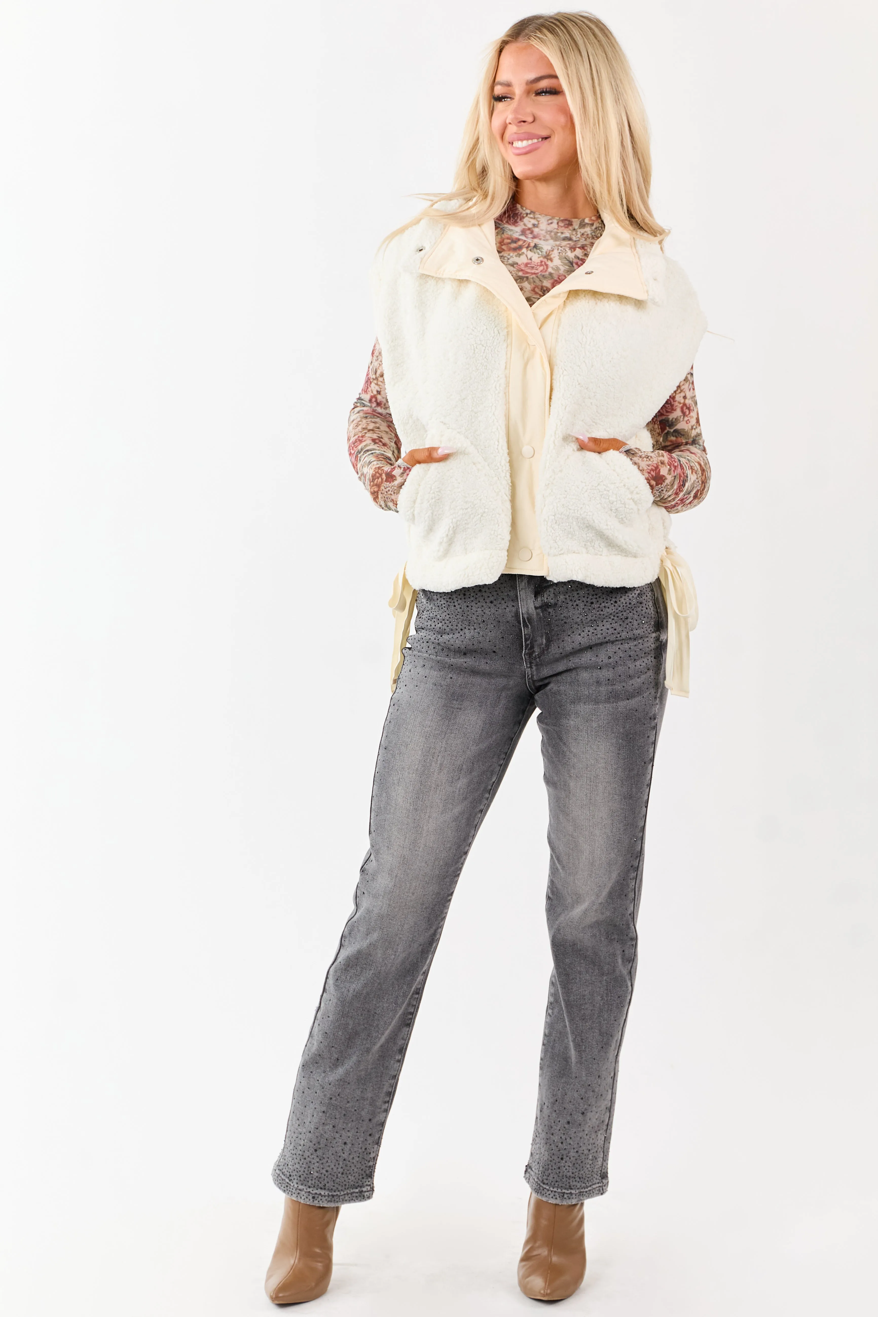 Cream Sherpa Contrast Button Down Side Tie Vest sold by Lime Lush product image thumbnail 2