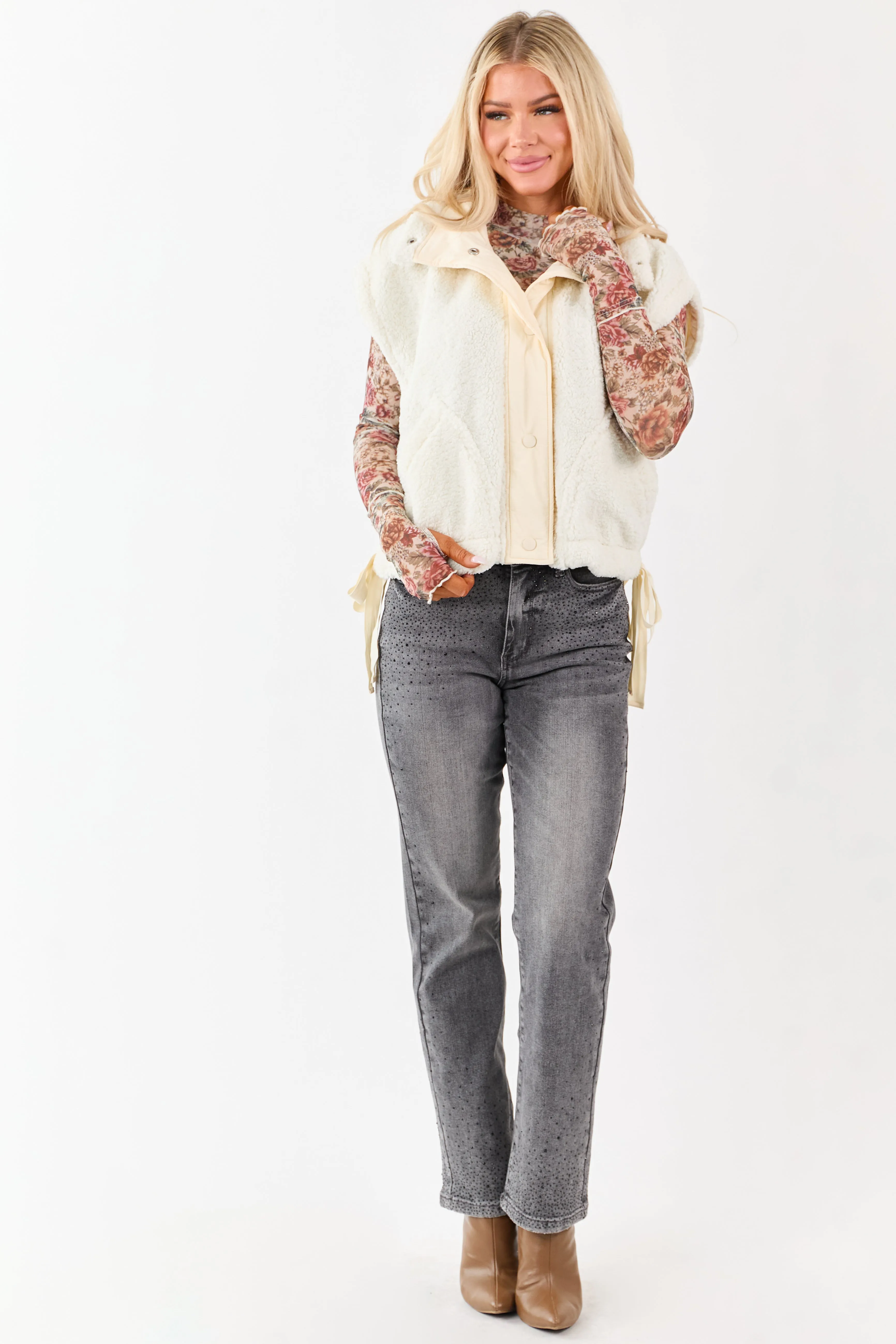 Cream Sherpa Contrast Button Down Side Tie Vest sold by Lime Lush product image thumbnail 4