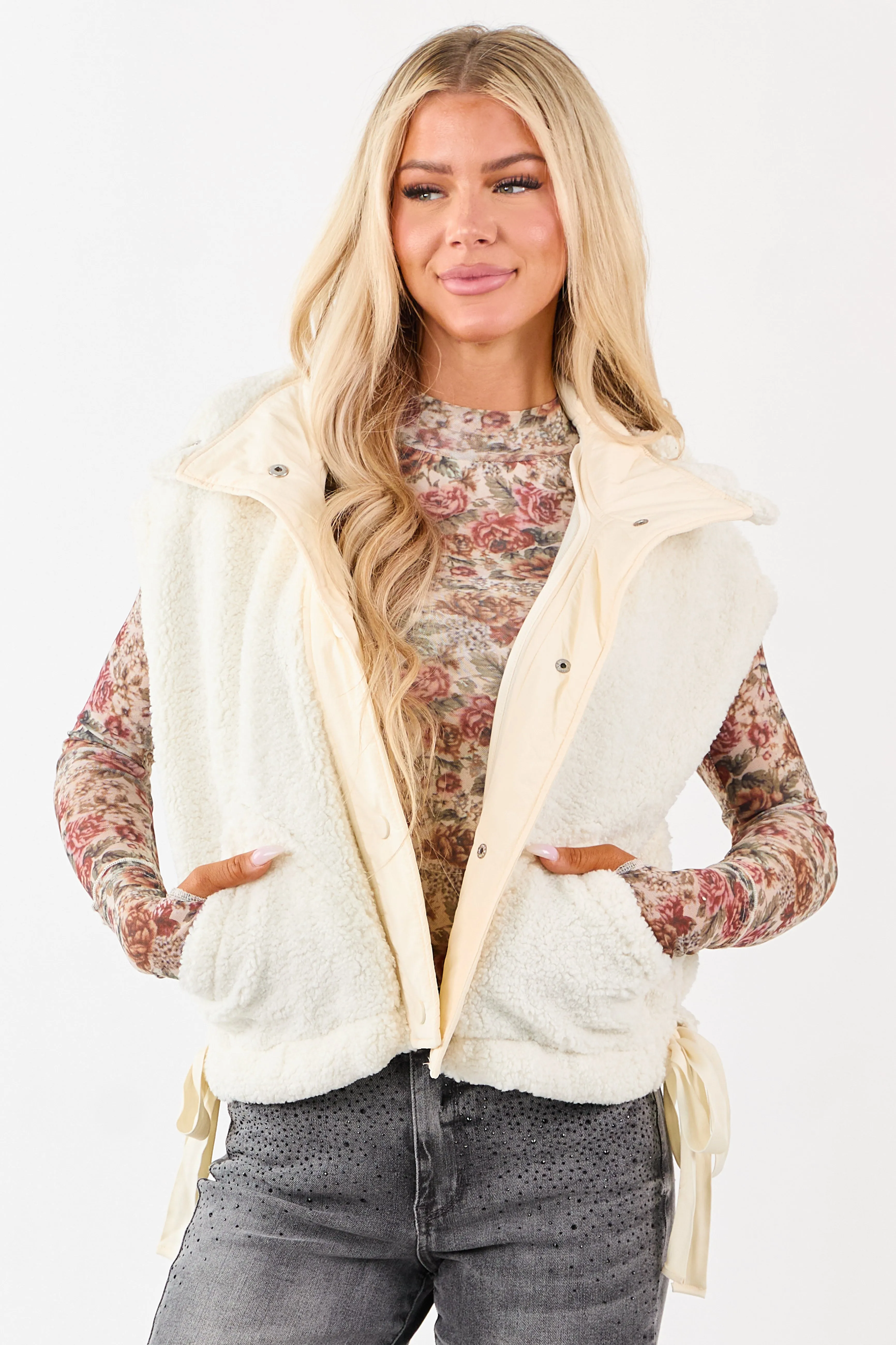 Cream Sherpa Contrast Button Down Side Tie Vest sold by Lime Lush
