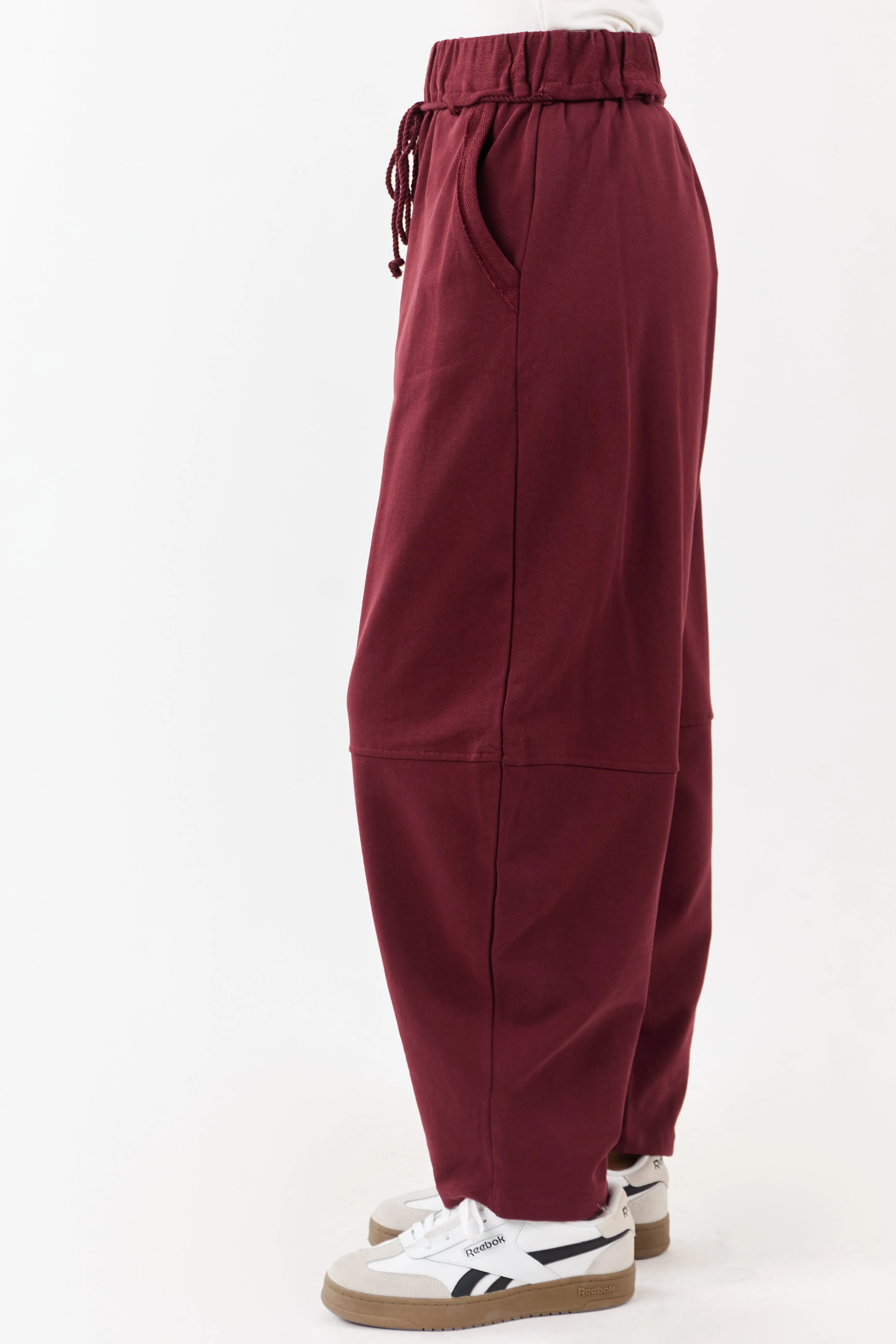 Maroon Waist Tie Barrel Style Cotton Sweatpants sold by Lime Lush product image thumbnail 3