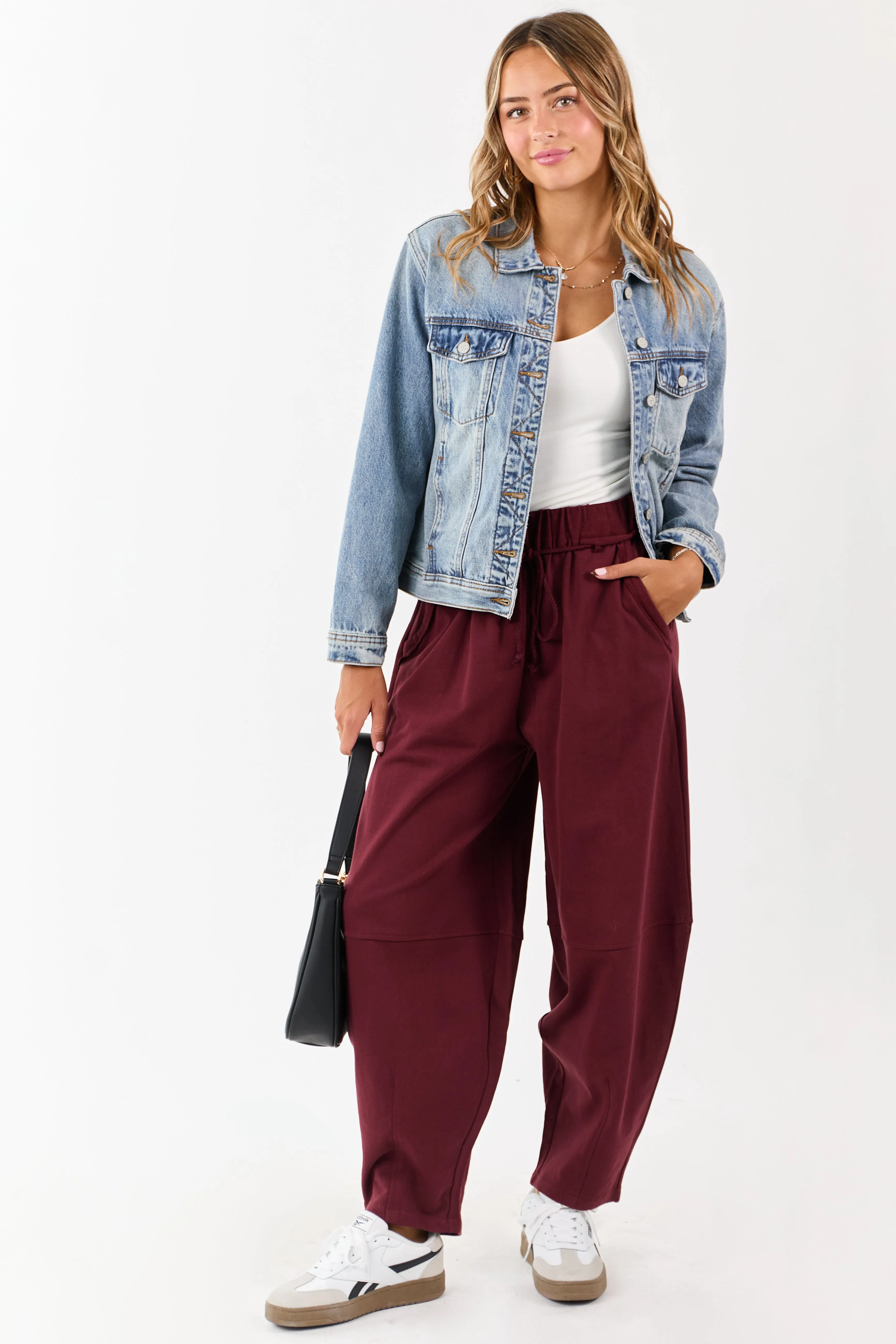 Maroon Waist Tie Barrel Style Cotton Sweatpants sold by Lime Lush