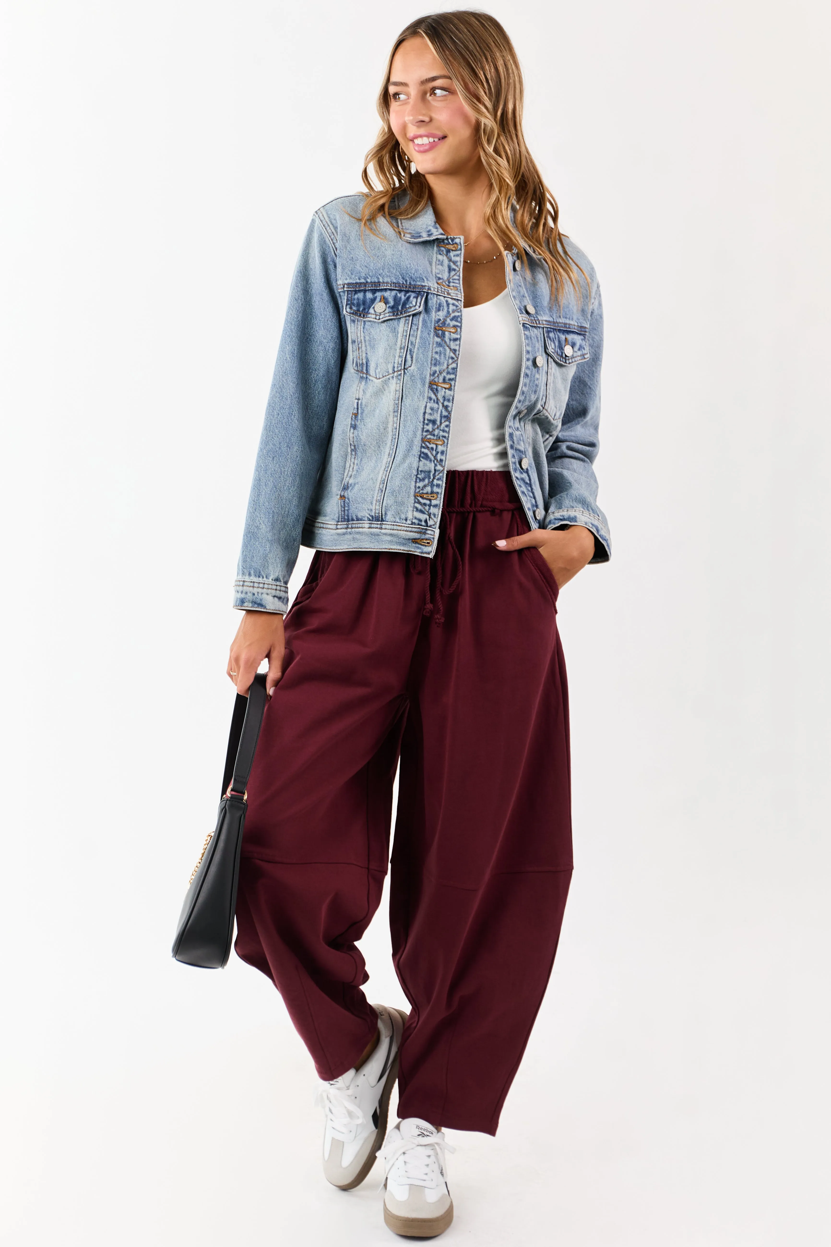Maroon Waist Tie Barrel Style Cotton Sweatpants sold by Lime Lush product image thumbnail 5