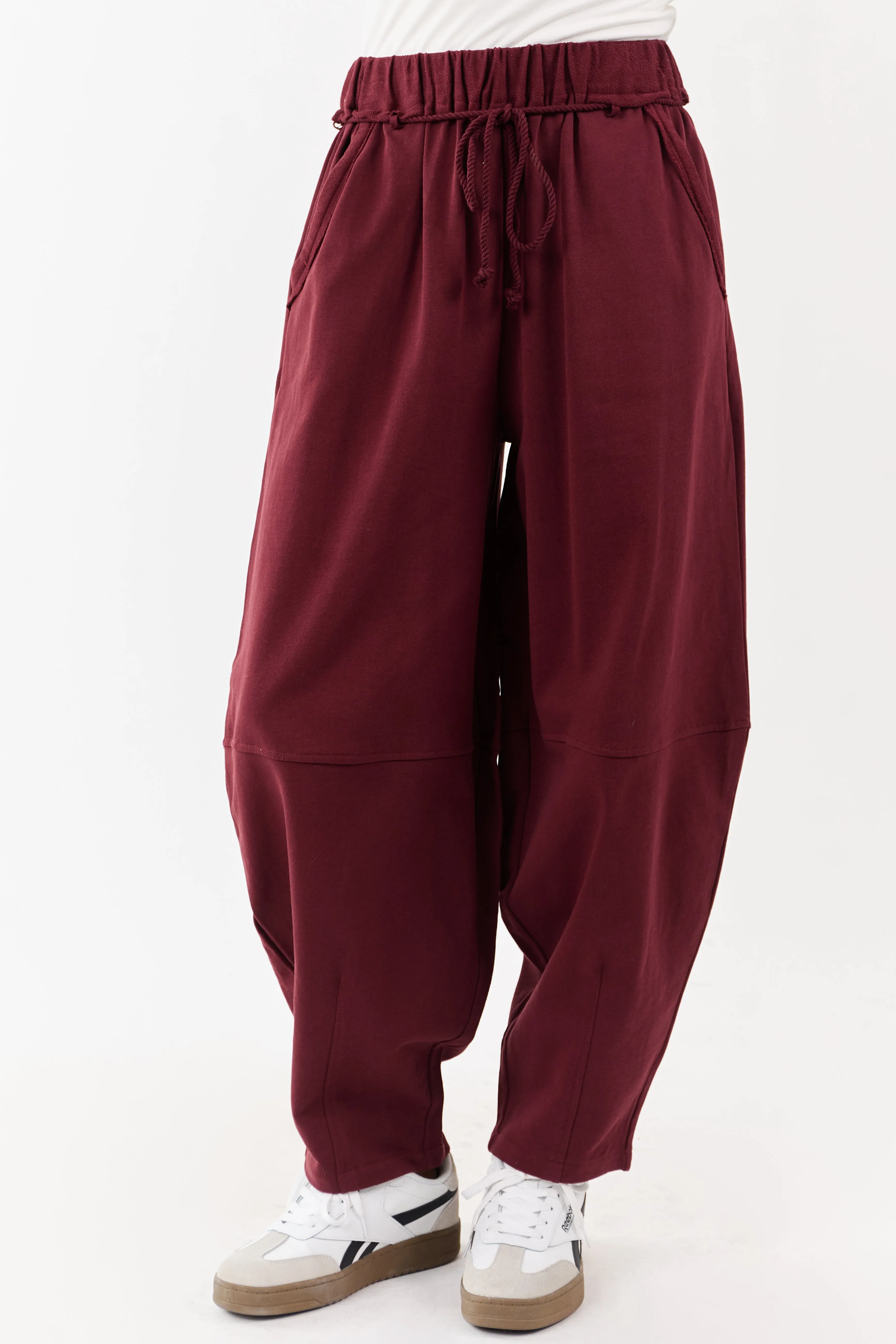 Maroon Waist Tie Barrel Style Cotton Sweatpants sold by Lime Lush product image thumbnail 2