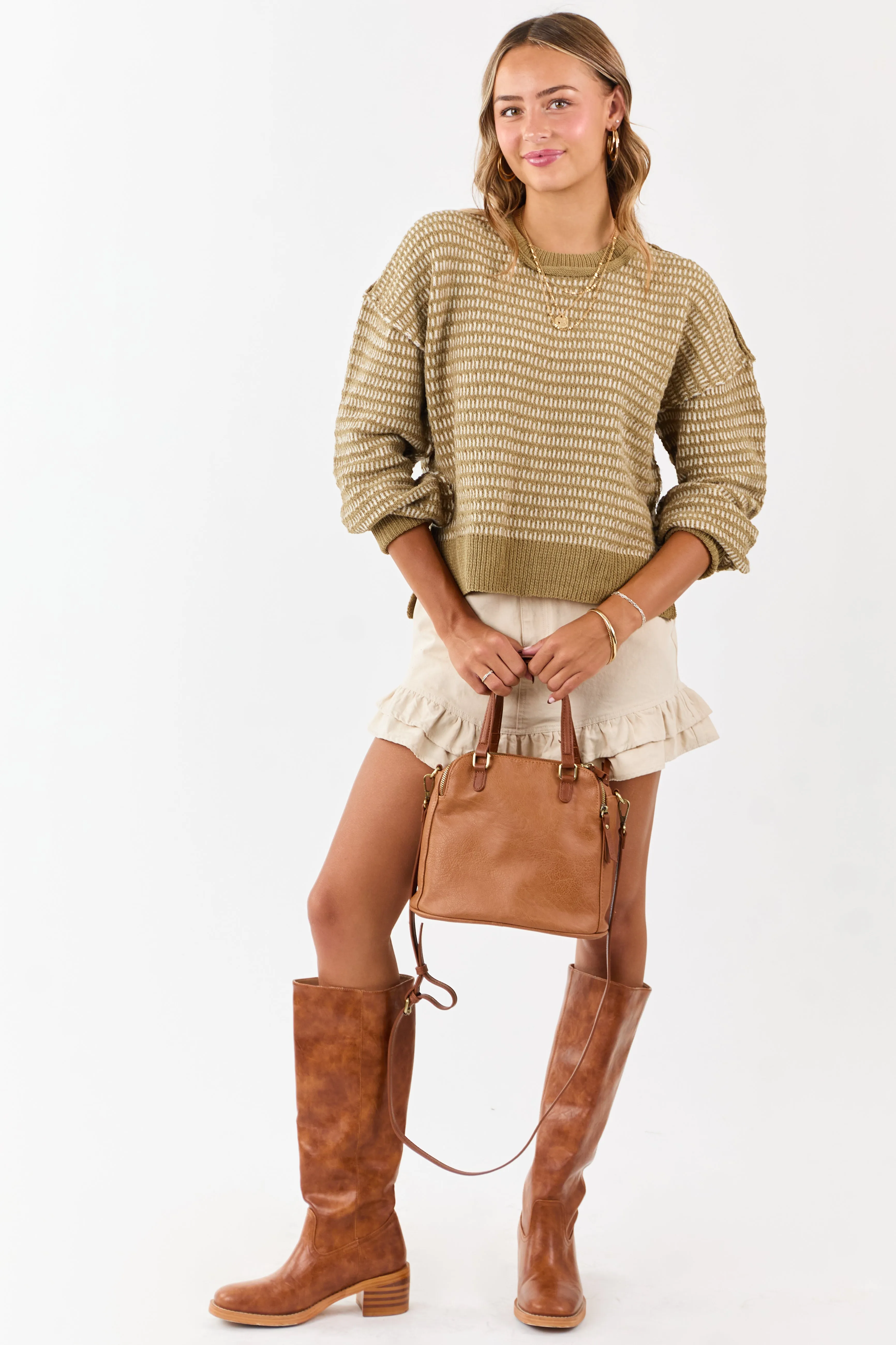 Olive and Ivory Two Toned Textured Knit Sweater sold by Lime Lush product image thumbnail 3