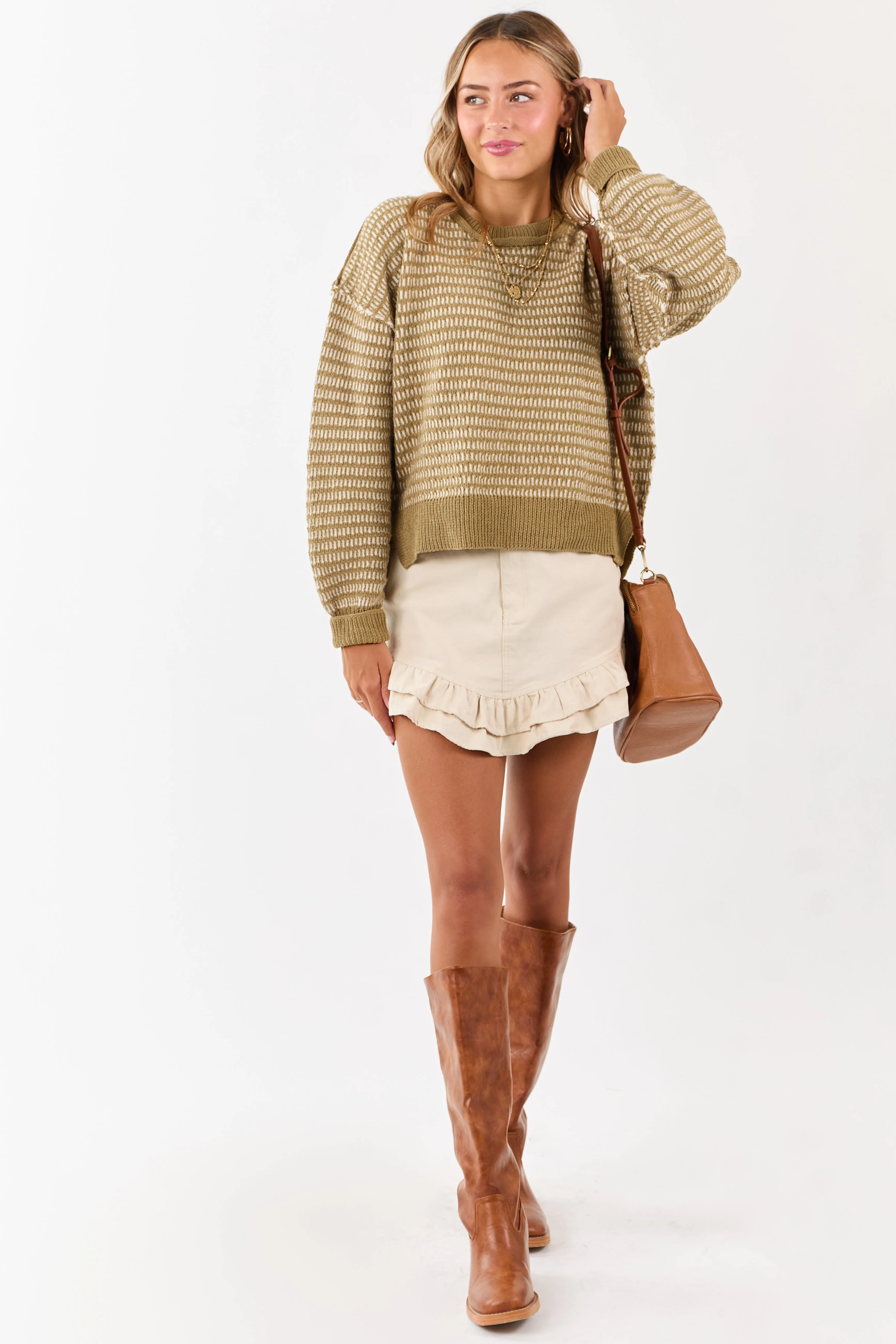 Olive and Ivory Two Toned Textured Knit Sweater sold by Lime Lush product image thumbnail 2