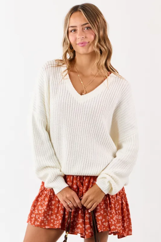 Ivory V-Neck Rib Knit Relaxed Sweater sold by Lime Lush