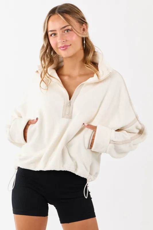 Ivory Contrast Trim Half Zip Up Fleece Pullover sold by Lime Lush