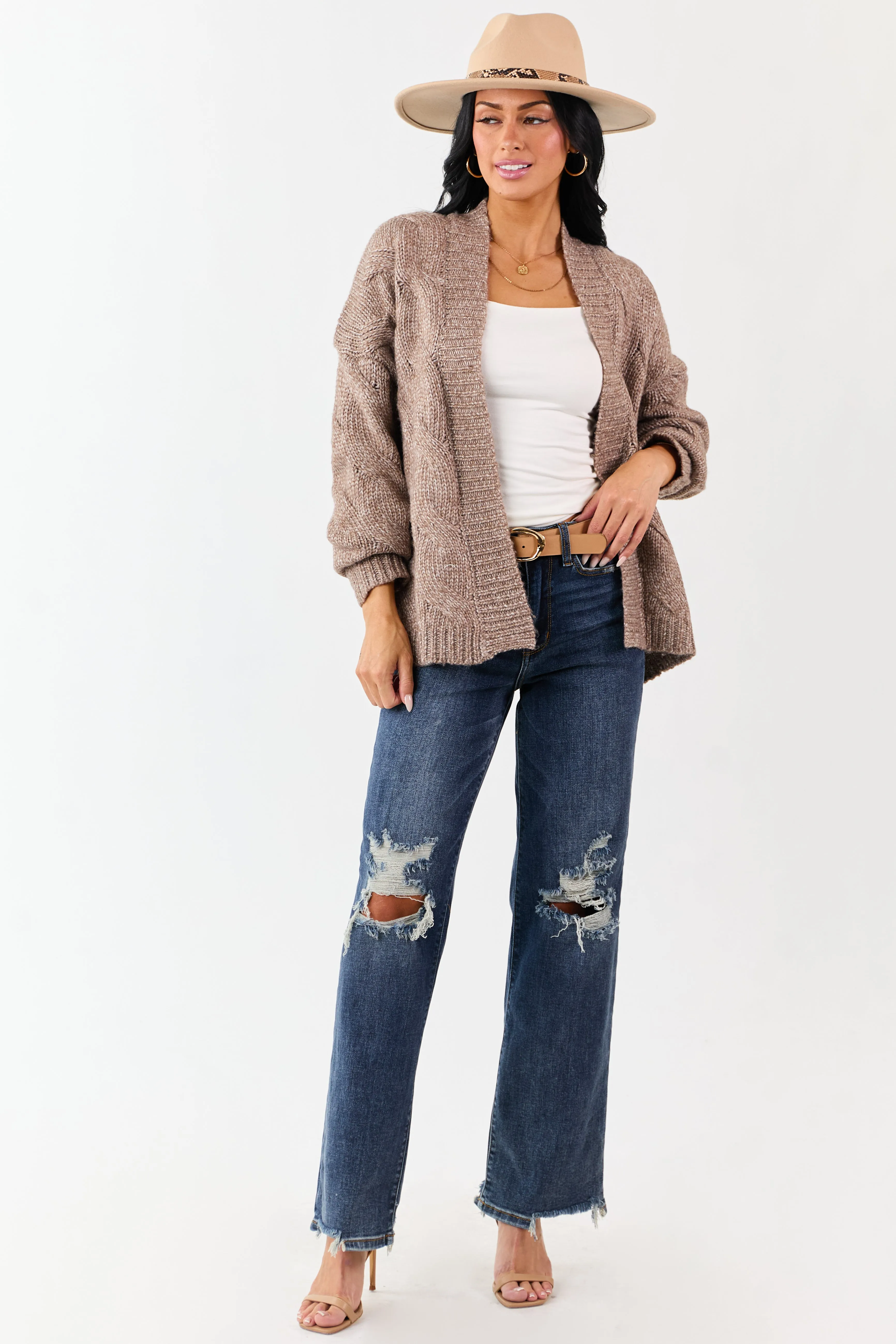 Mocha Cable Knit Open Front Wool Blend Cardigan sold by Lime Lush product image thumbnail 2