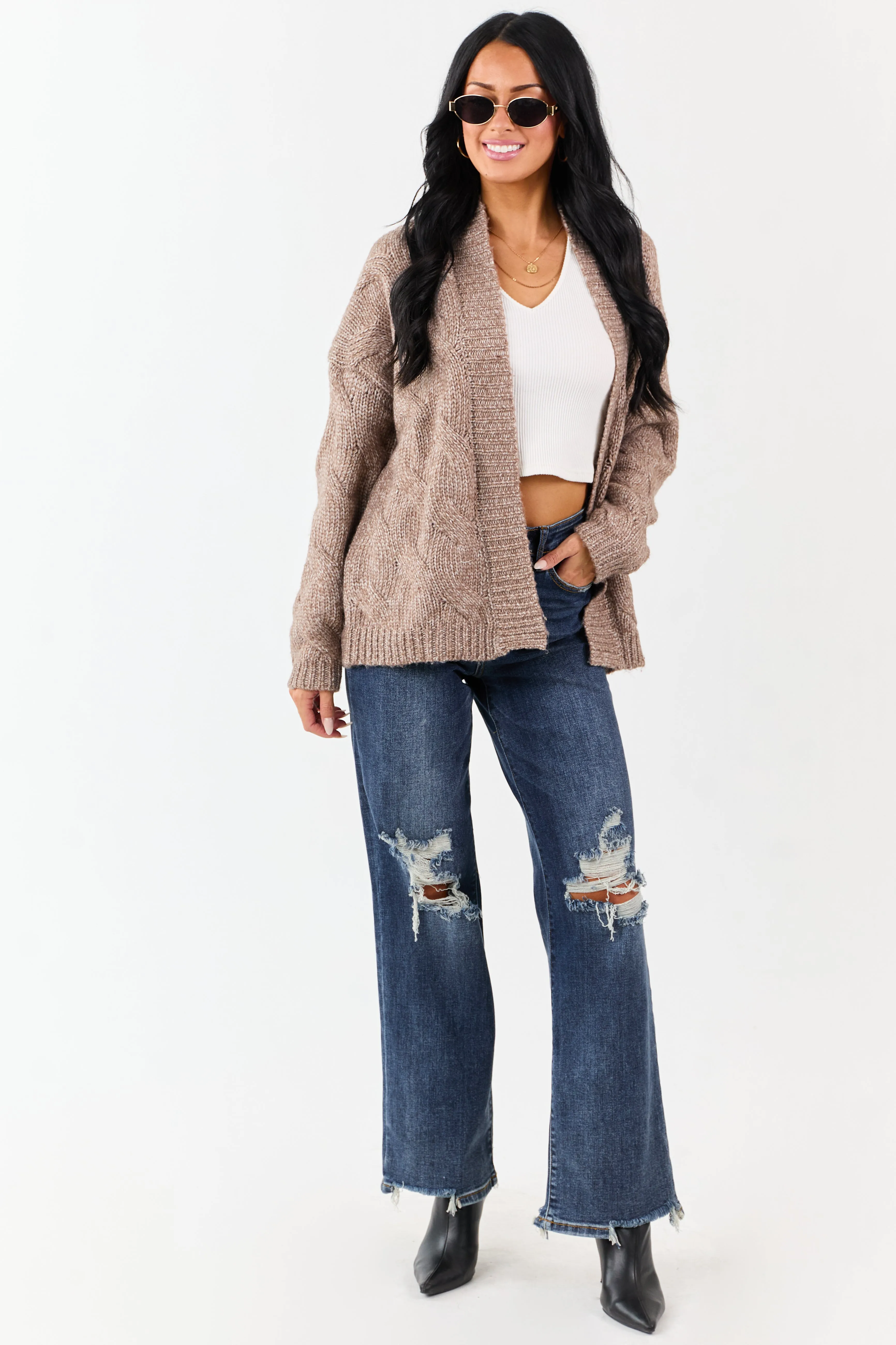 Mocha Cable Knit Open Front Wool Blend Cardigan sold by Lime Lush product image thumbnail 5