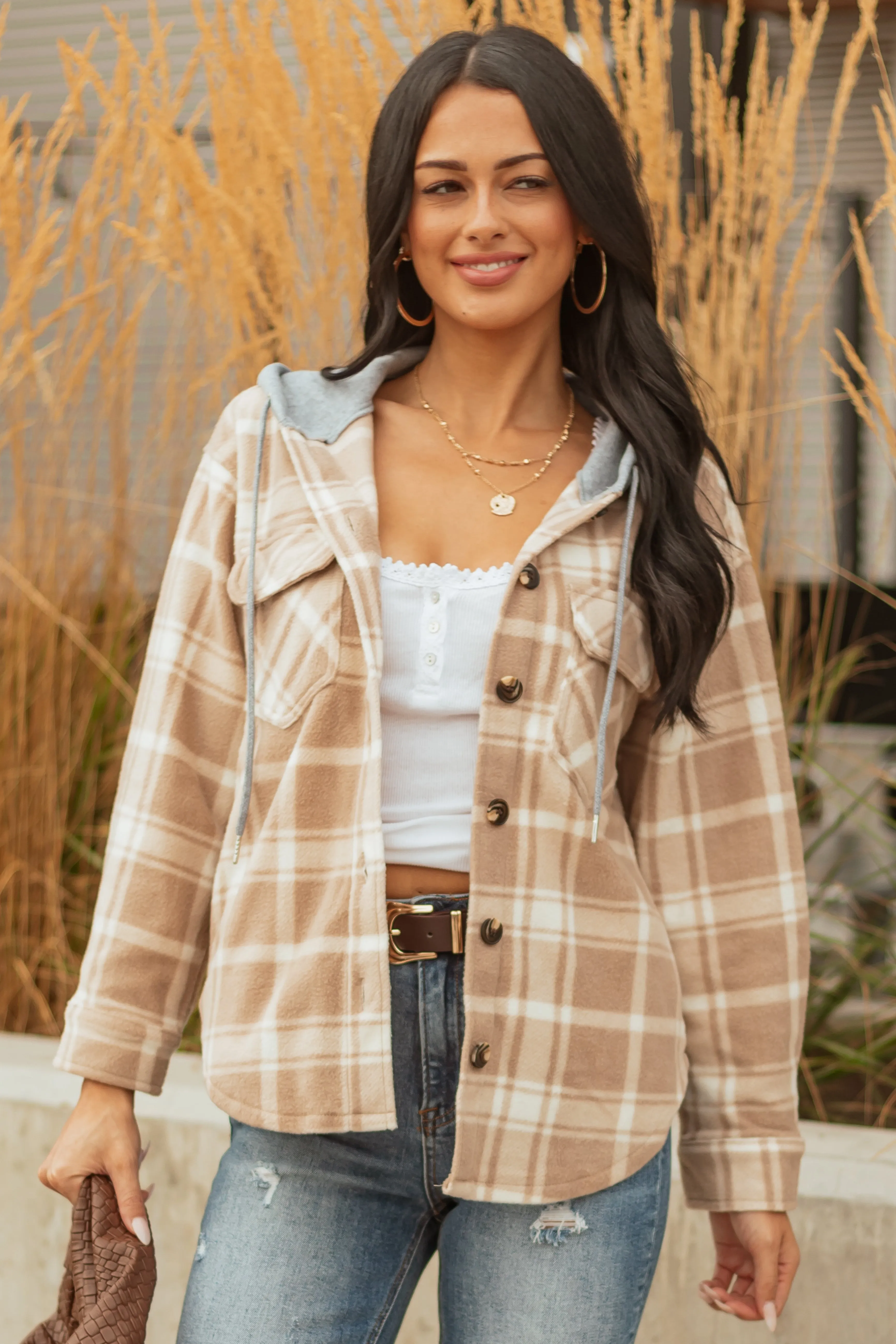 Latte Plaid Contrast Hood Button Down Fleece Jacket sold by Lime Lush