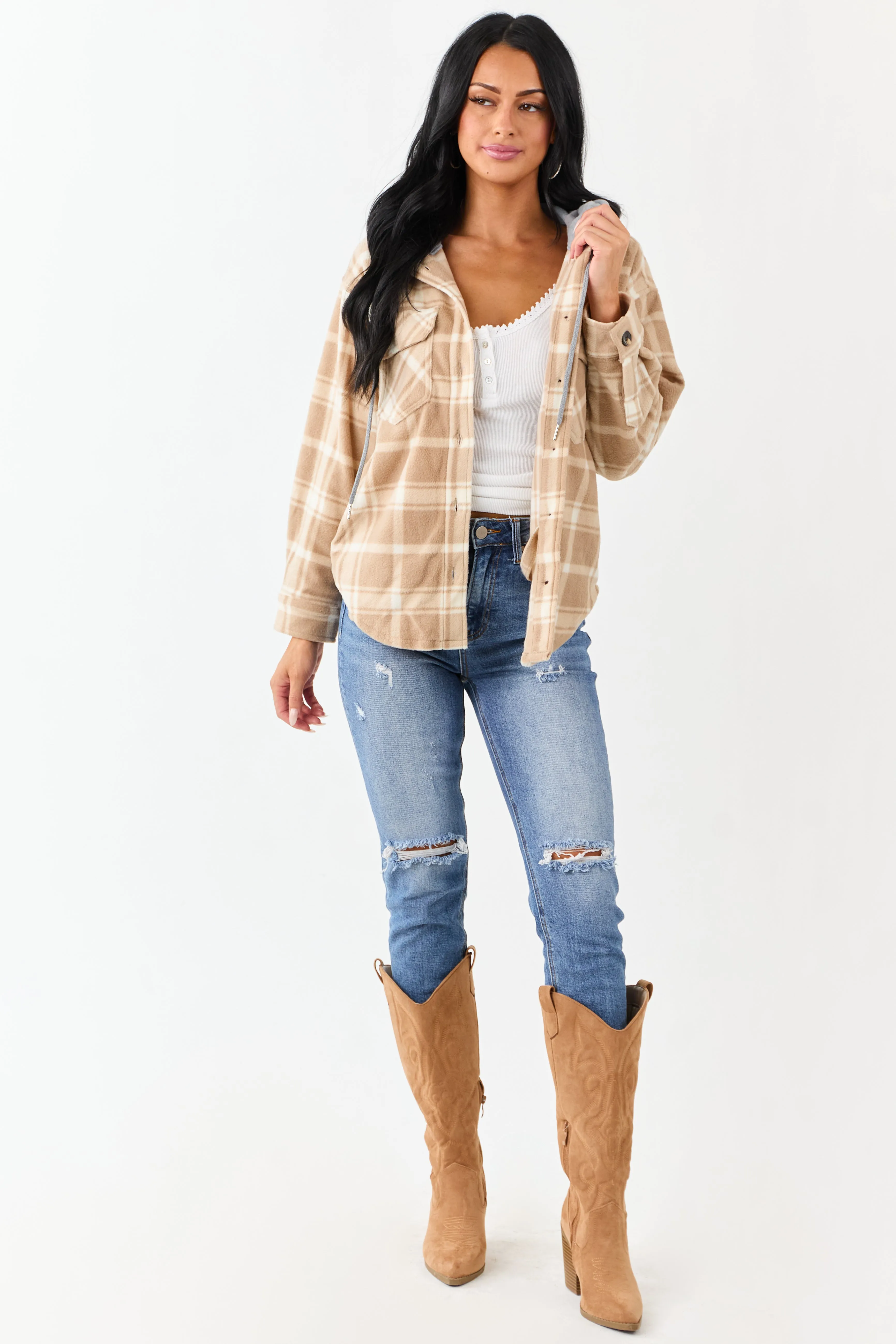 Latte Plaid Contrast Hood Button Down Fleece Jacket sold by Lime Lush product image thumbnail 4