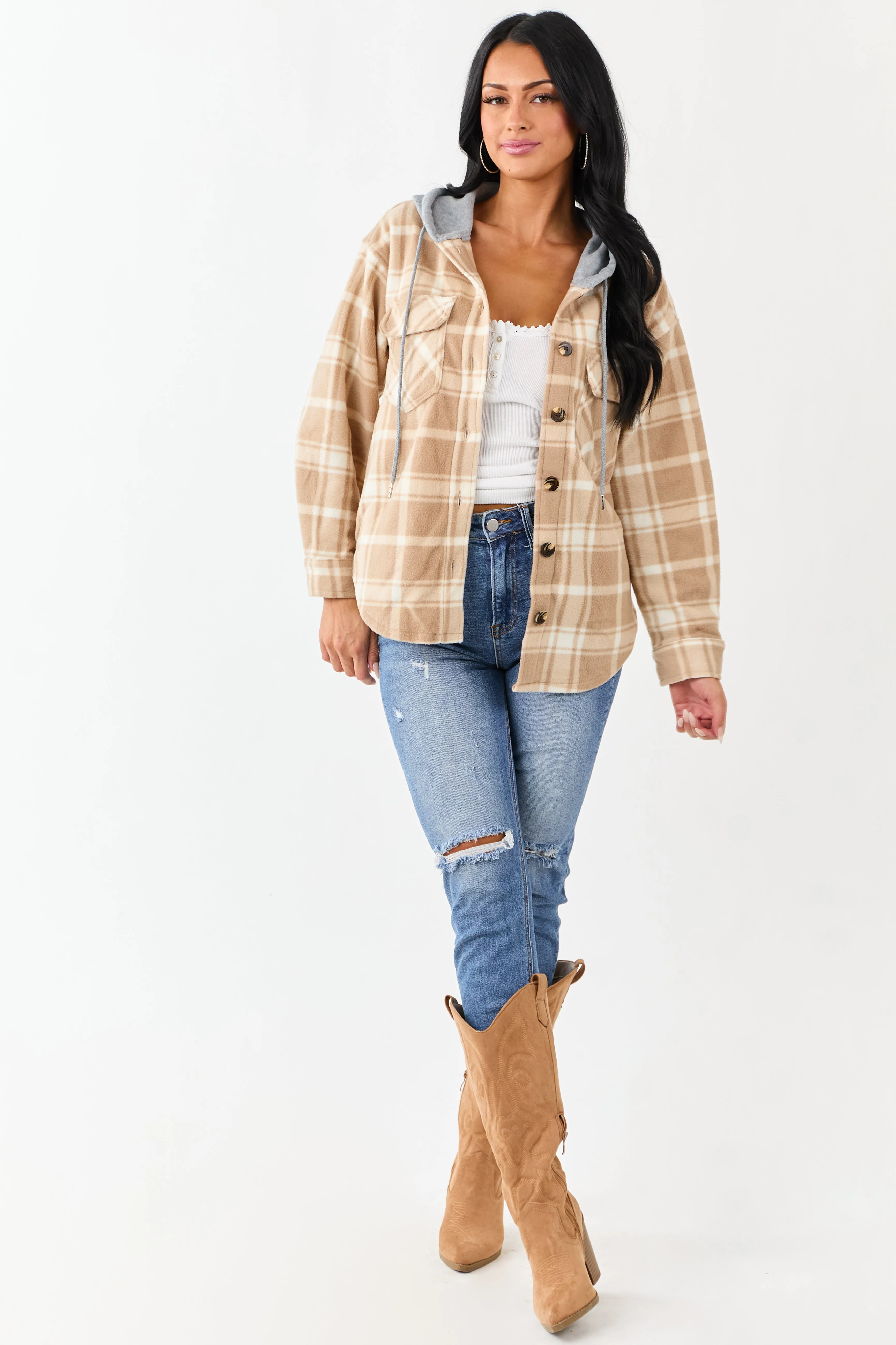 Latte Plaid Contrast Hood Button Down Fleece Jacket sold by Lime Lush product image thumbnail 5