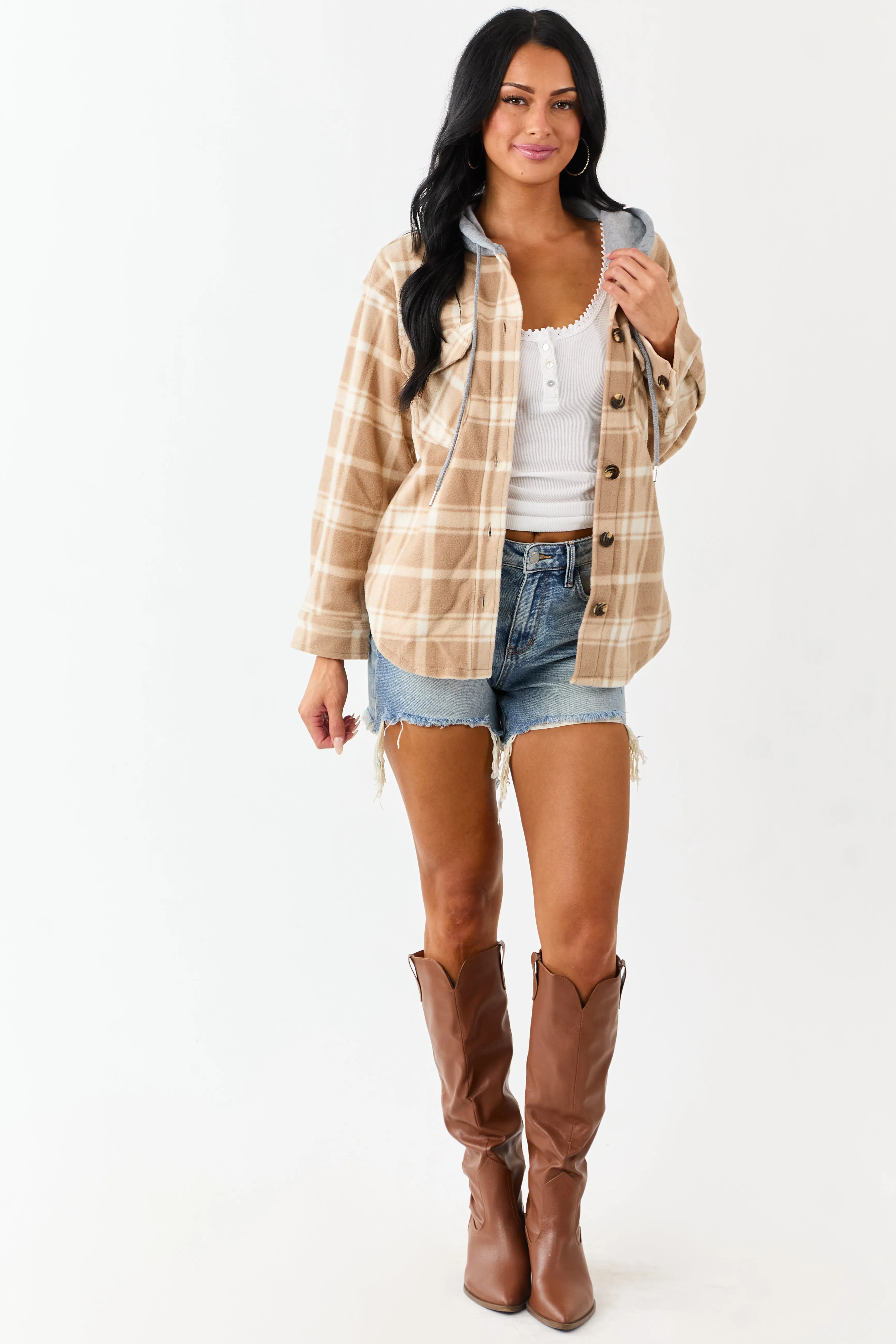 Latte Plaid Contrast Hood Button Down Fleece Jacket sold by Lime Lush product image thumbnail 3