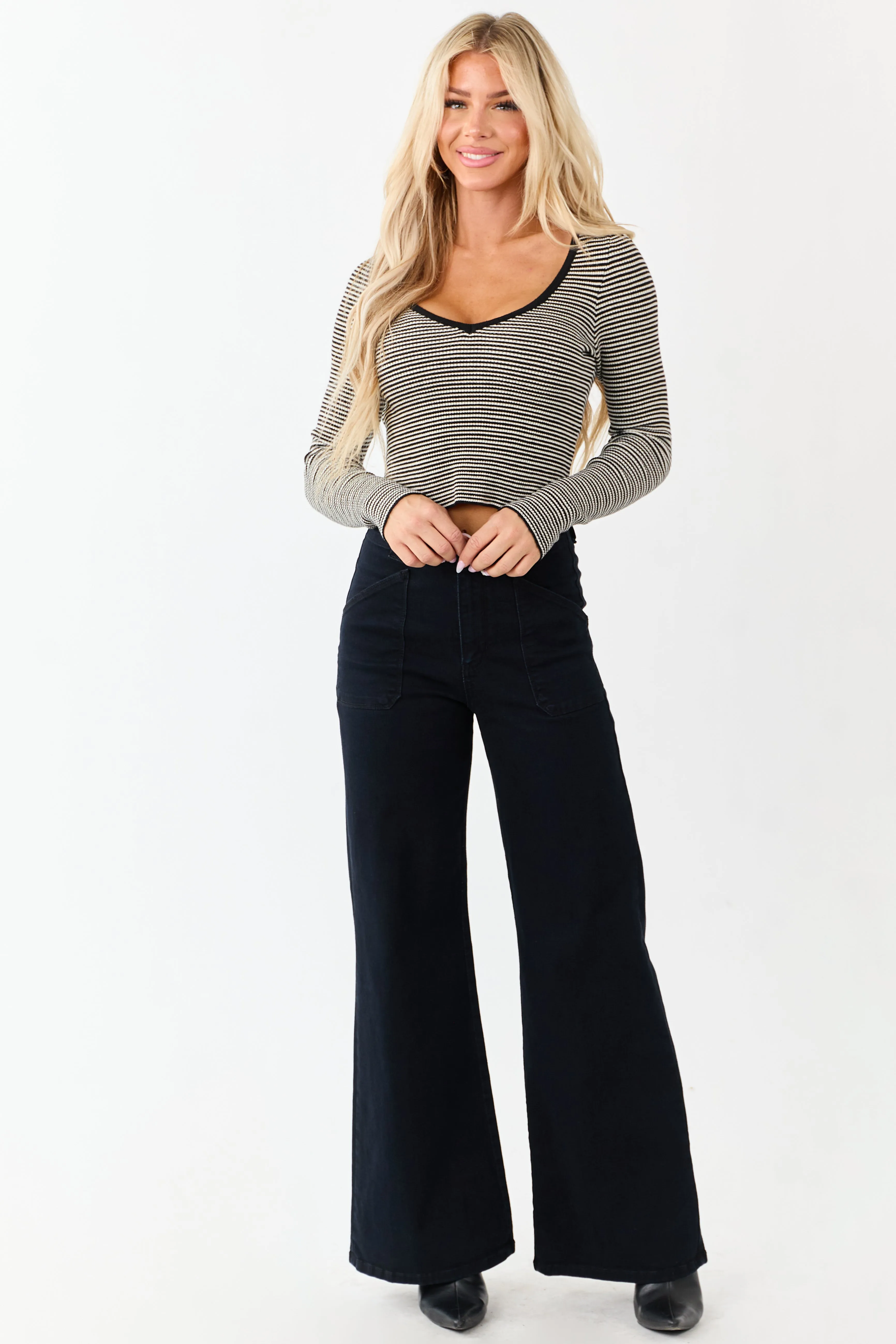 Black Striped Cropped V Neck Long Sleeve Top sold by Lime Lush product image thumbnail 3