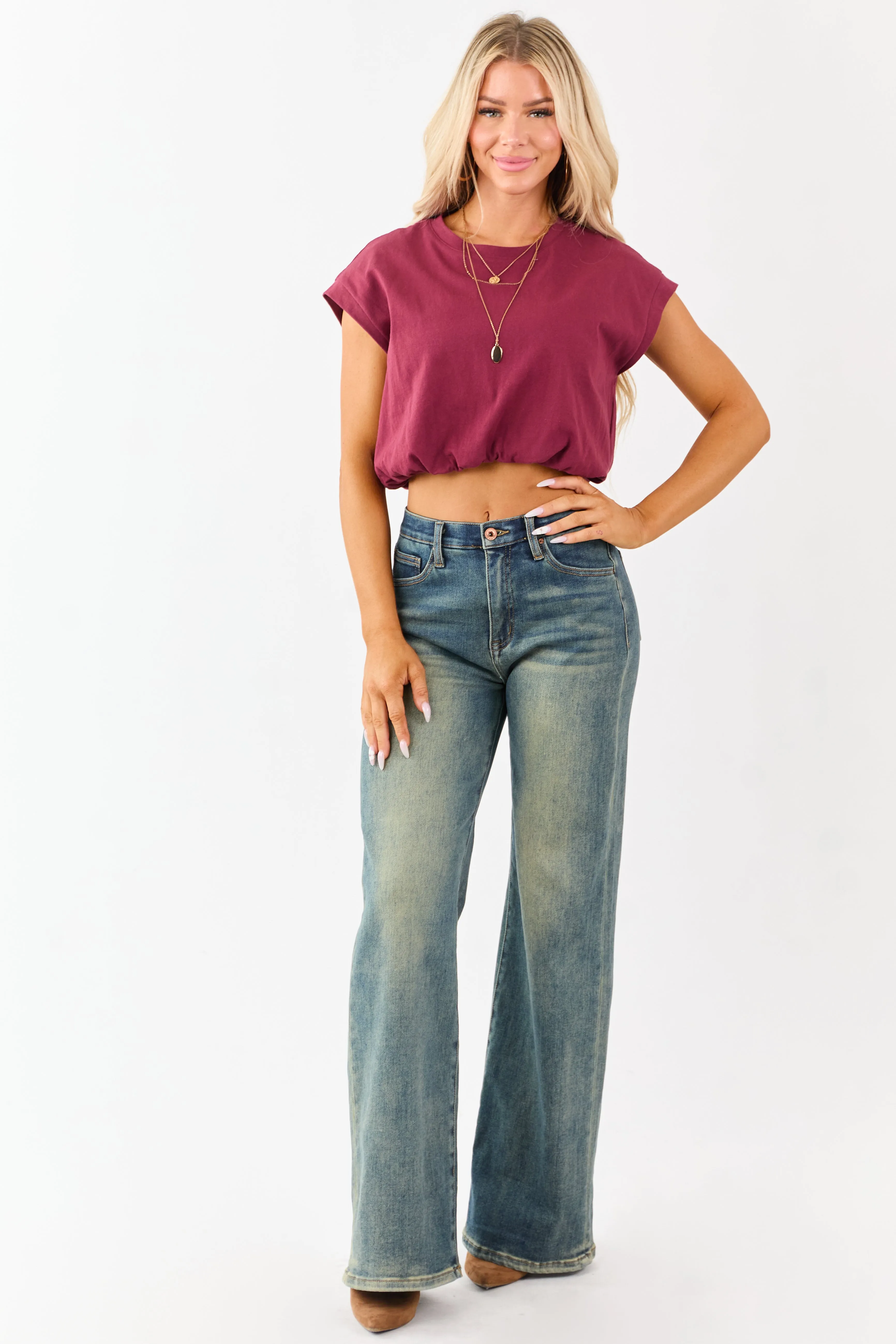 Maroon Cotton Bubble Hem Short Sleeve Cropped Top sold by Lime Lush product image thumbnail 3