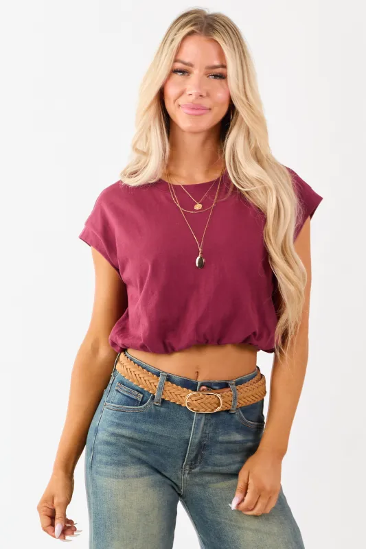 Maroon Cotton Bubble Hem Short Sleeve Cropped Top sold by Lime Lush