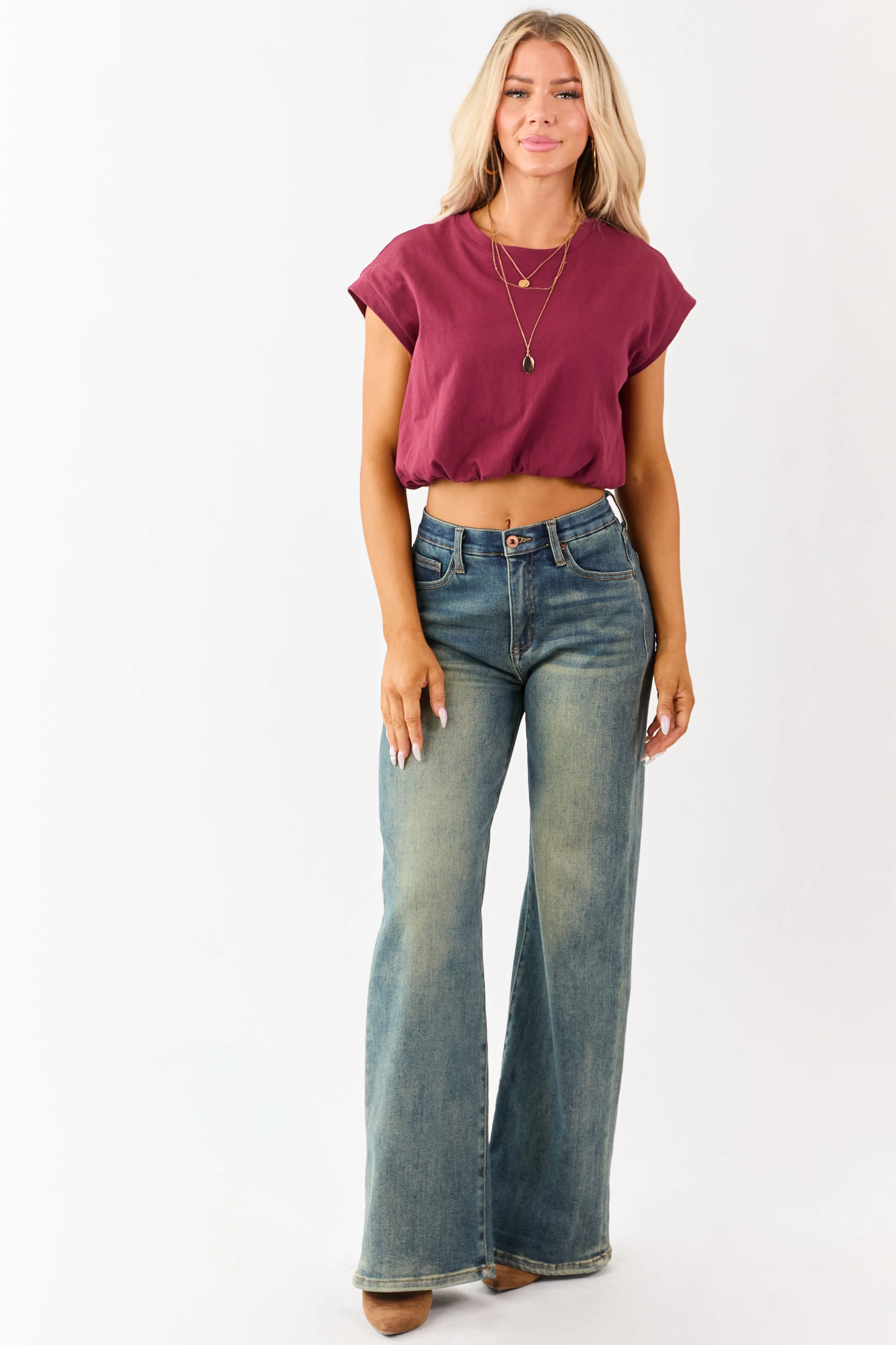 Maroon Cotton Bubble Hem Short Sleeve Cropped Top sold by Lime Lush product image thumbnail 2