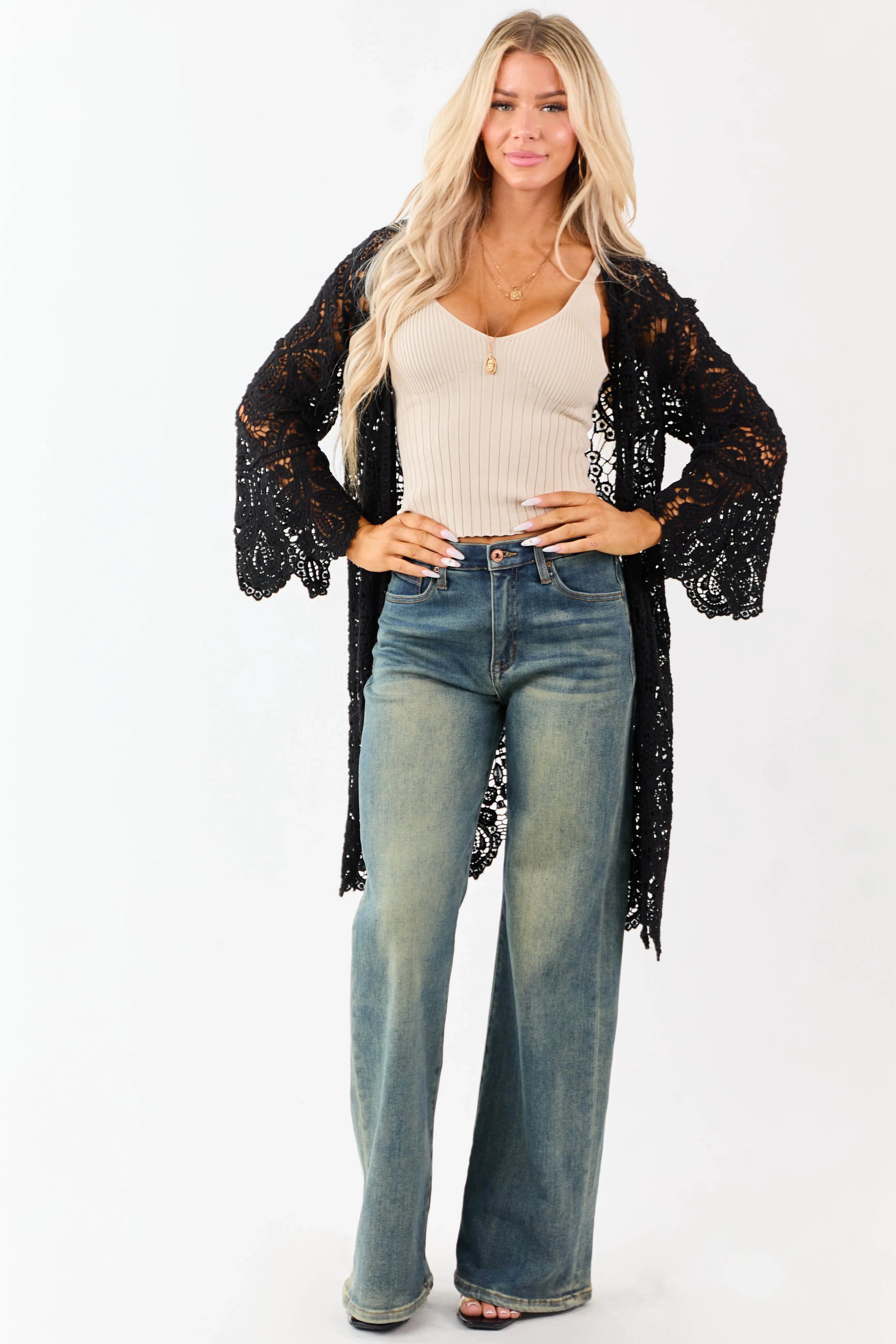 Black Open Crochet Bell Sleeve Cotton Duster Cardigan sold by Lime Lush product image thumbnail 3