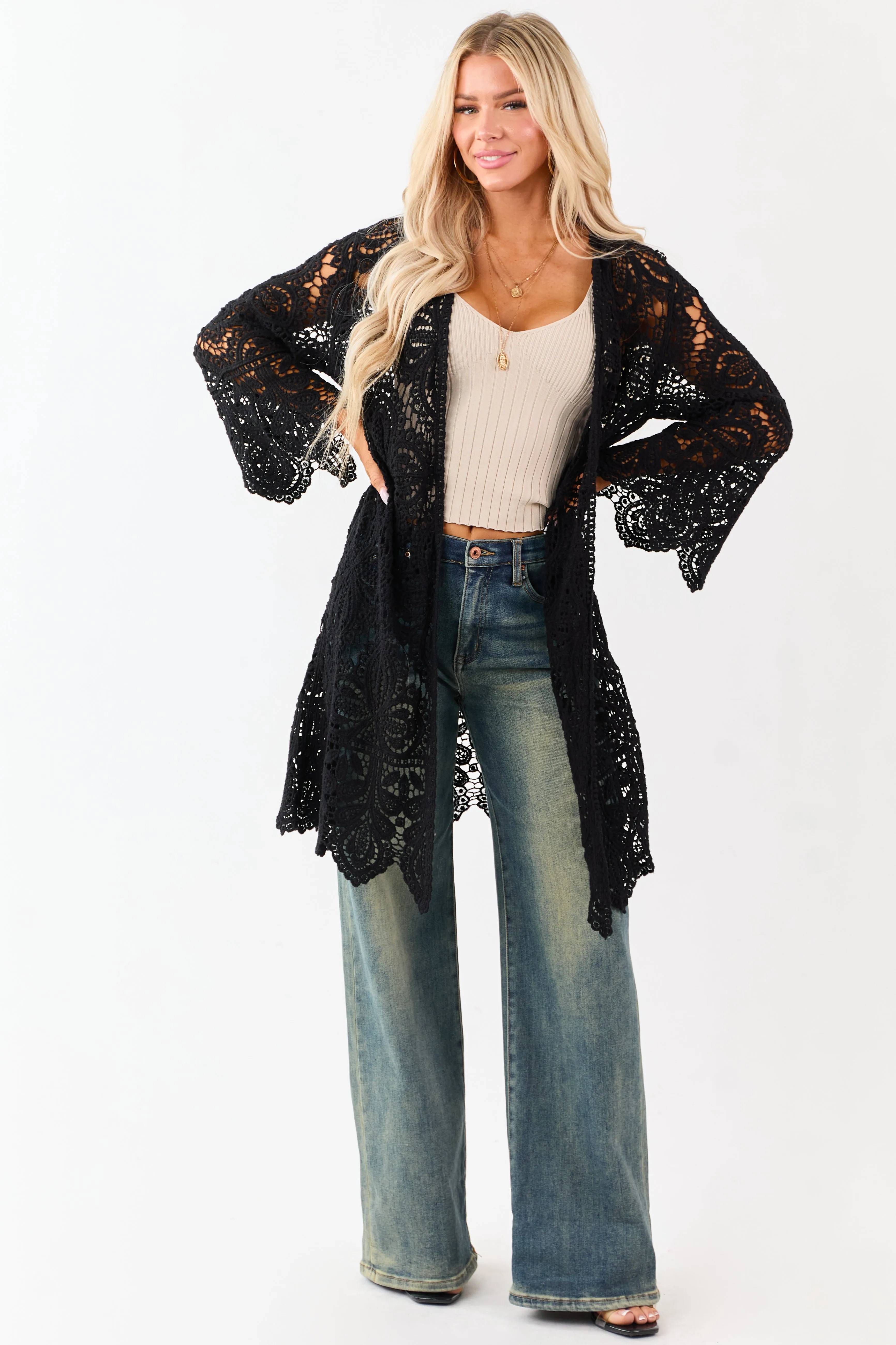 Black Open Crochet Bell Sleeve Cotton Duster Cardigan sold by Lime Lush product image thumbnail 4