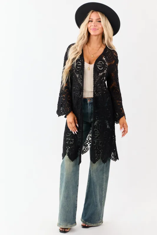 Black Open Crochet Bell Sleeve Cotton Duster Cardigan sold by Lime Lush