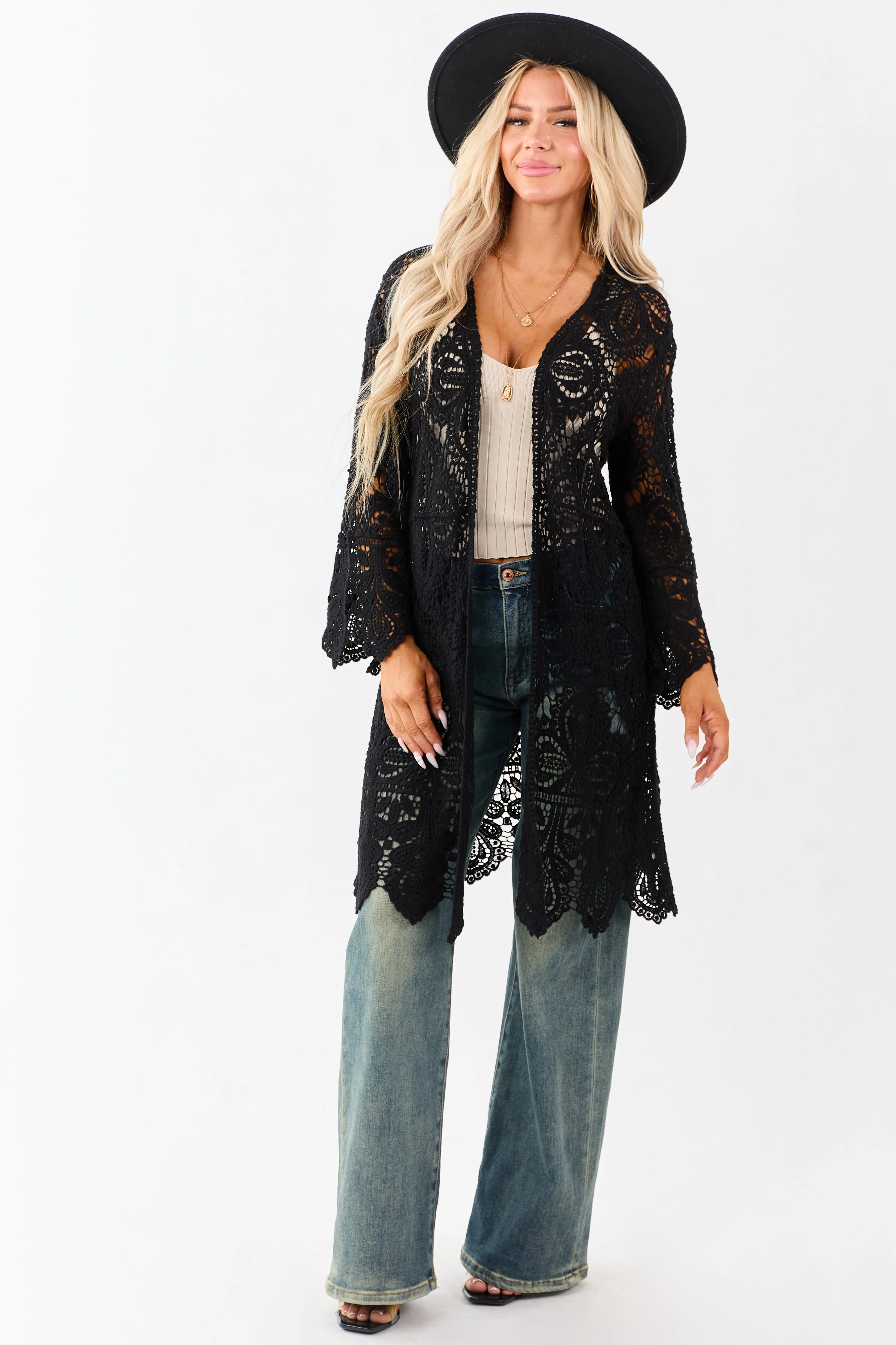 Black Open Crochet Bell Sleeve Cotton Duster Cardigan sold by Lime Lush