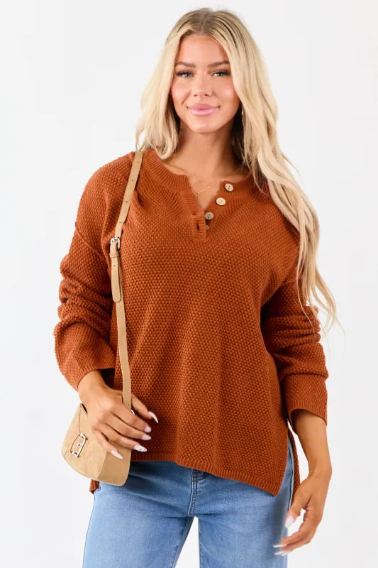 Tawny Half Button Down Textured Knit Sweater sold by Lime Lush