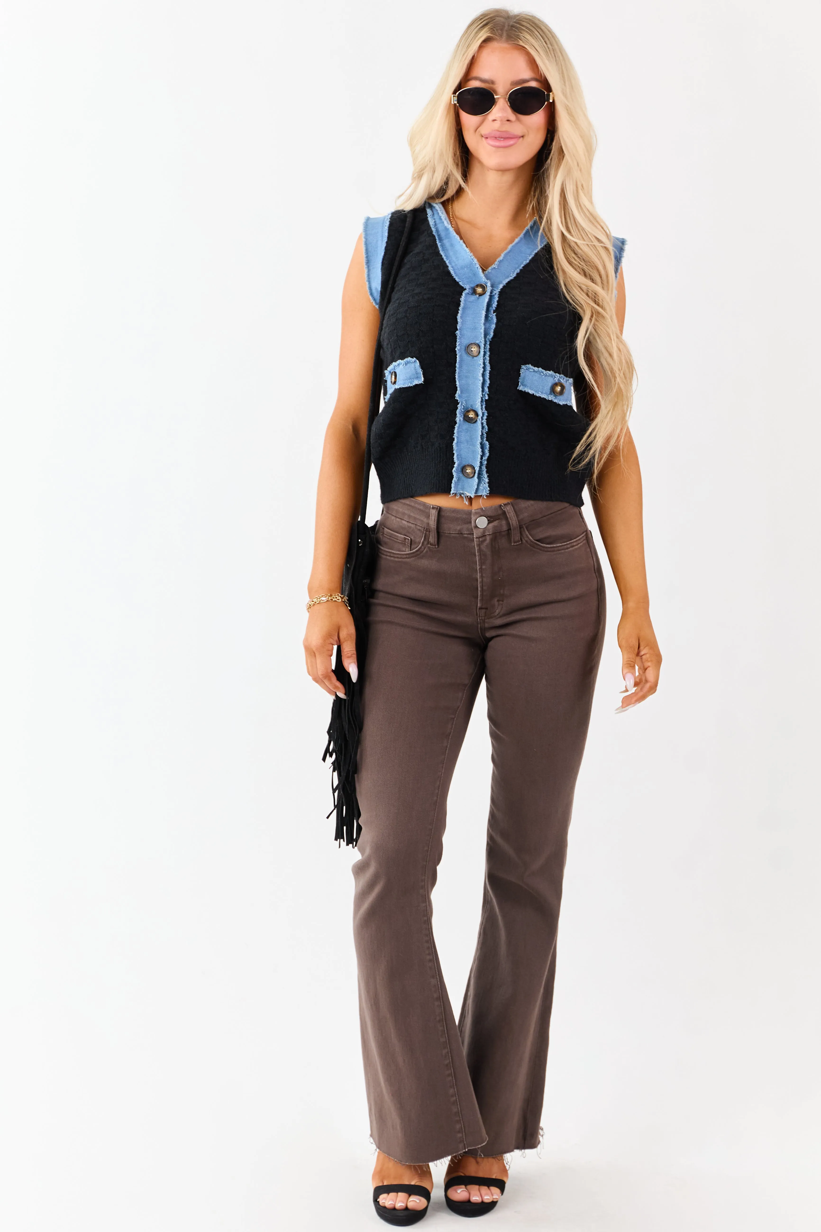 Listicle Black Knit Contrast Denim Trim Vest sold by Lime Lush product image thumbnail 3