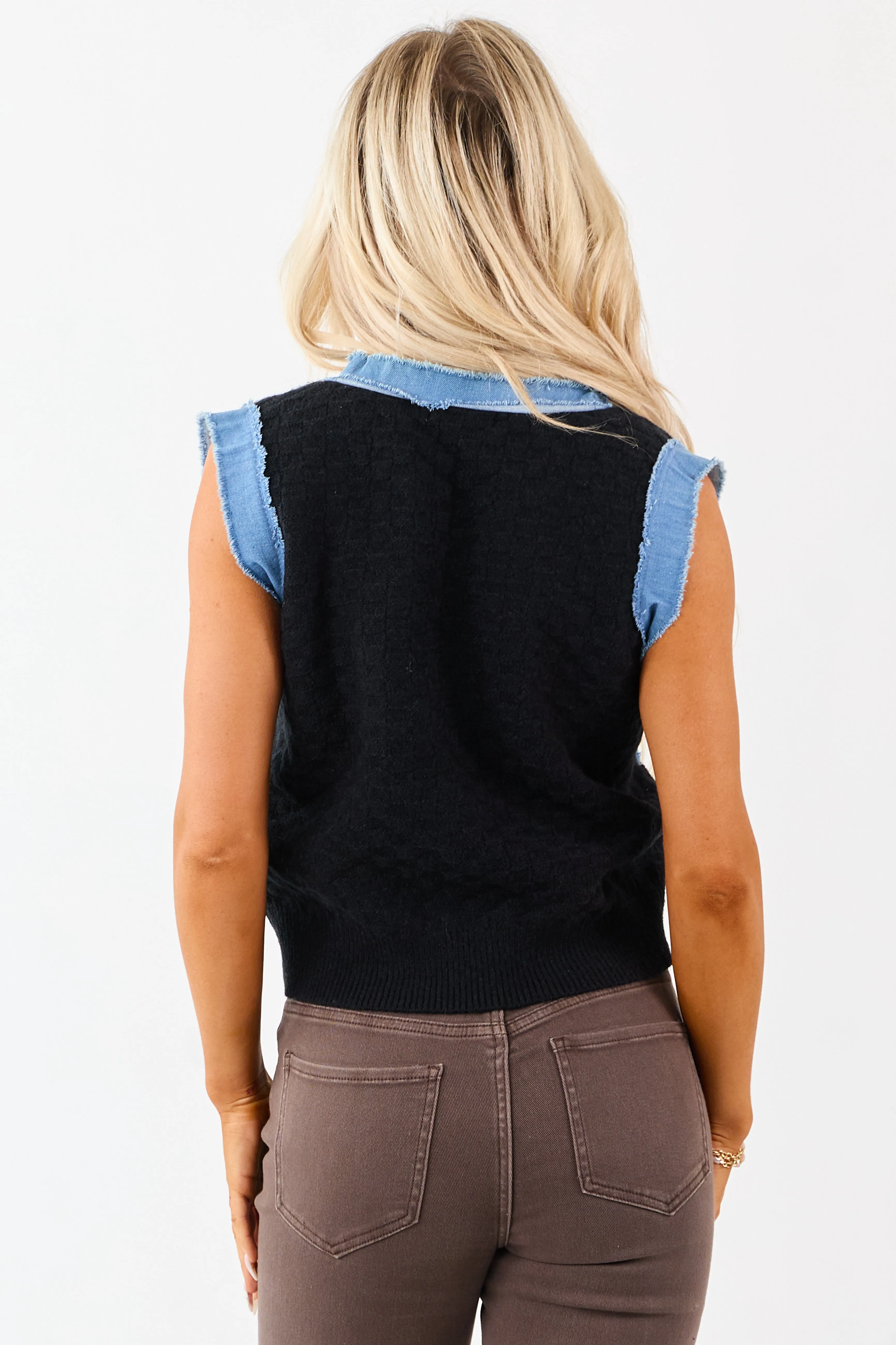 Listicle Black Knit Contrast Denim Trim Vest sold by Lime Lush product image thumbnail 5