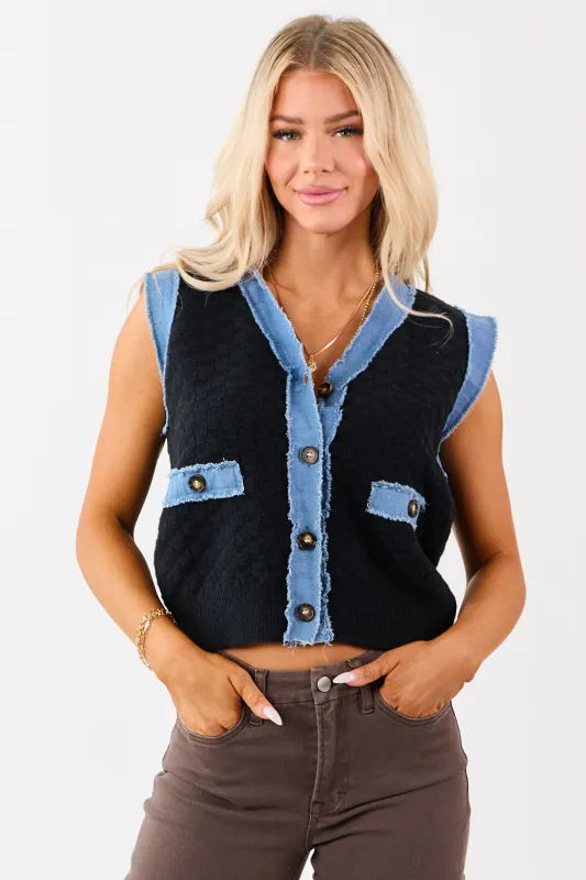 Listicle Black Knit Contrast Denim Trim Vest sold by Lime Lush